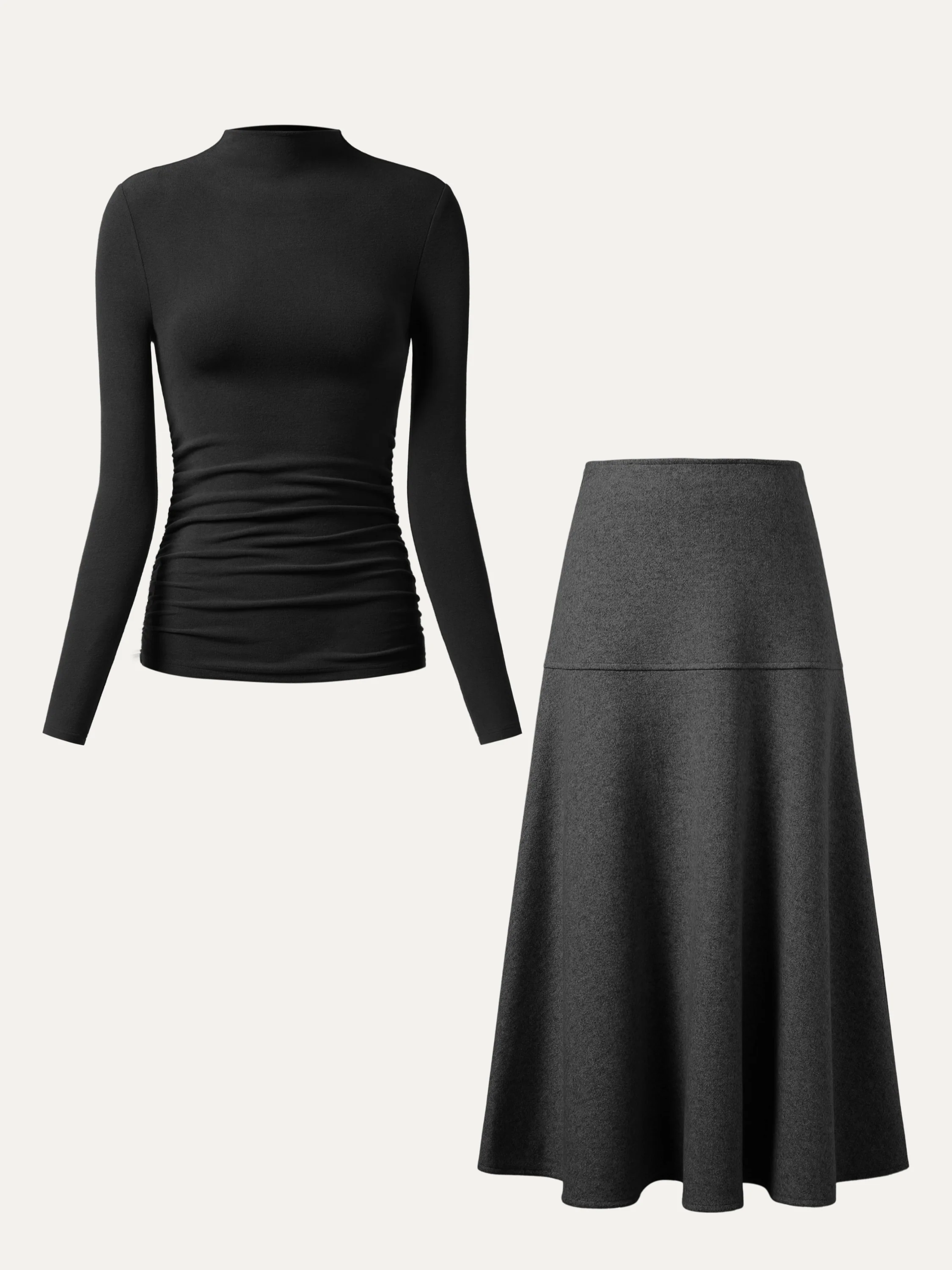 2Pcs Set Ruched Sides Tuckable Mockneck Top & Flared Maxi Skirt