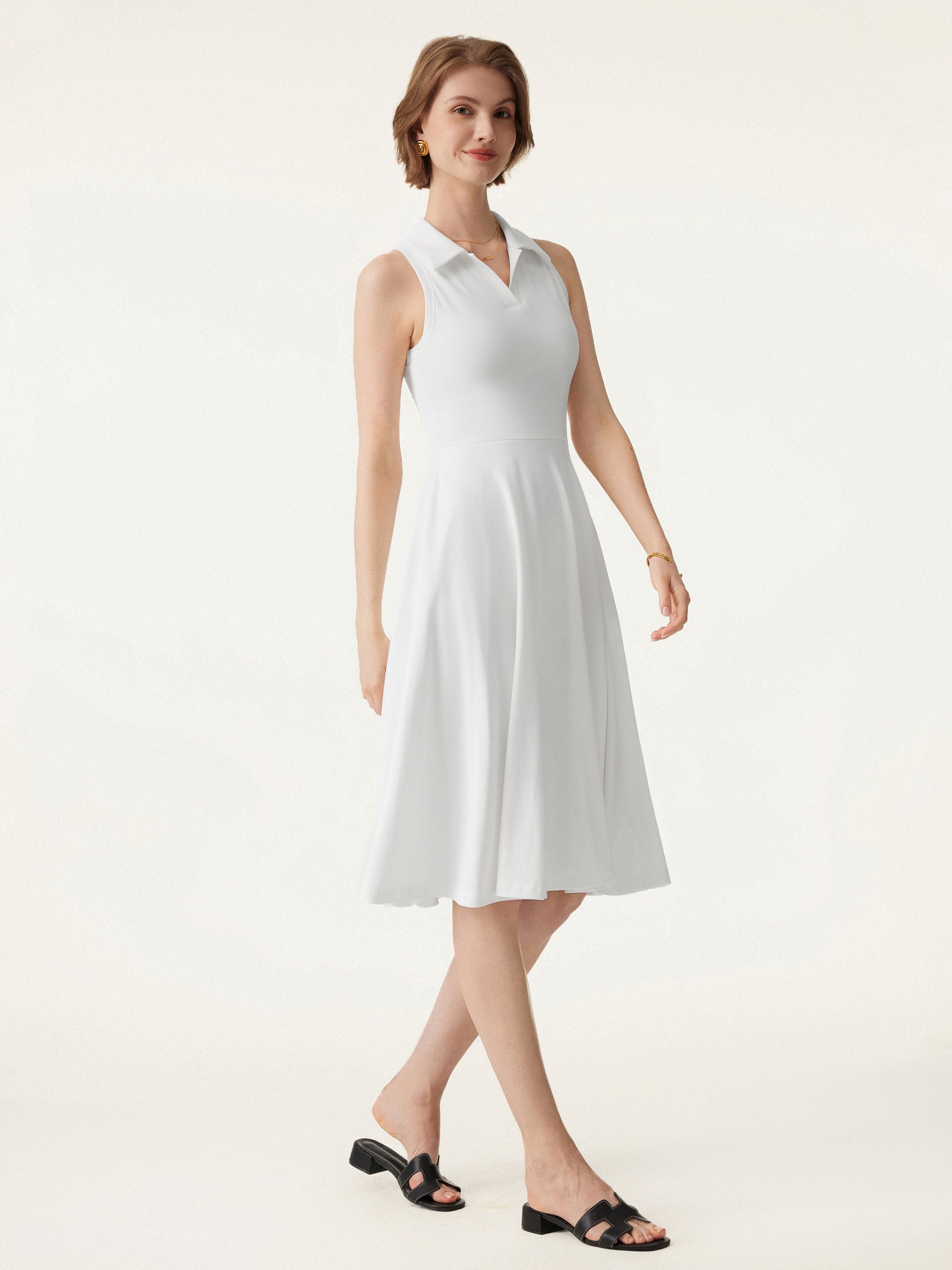 Stretch Cotton Polo Neck Fit-and-flare Midi Brami Dress with Pockets