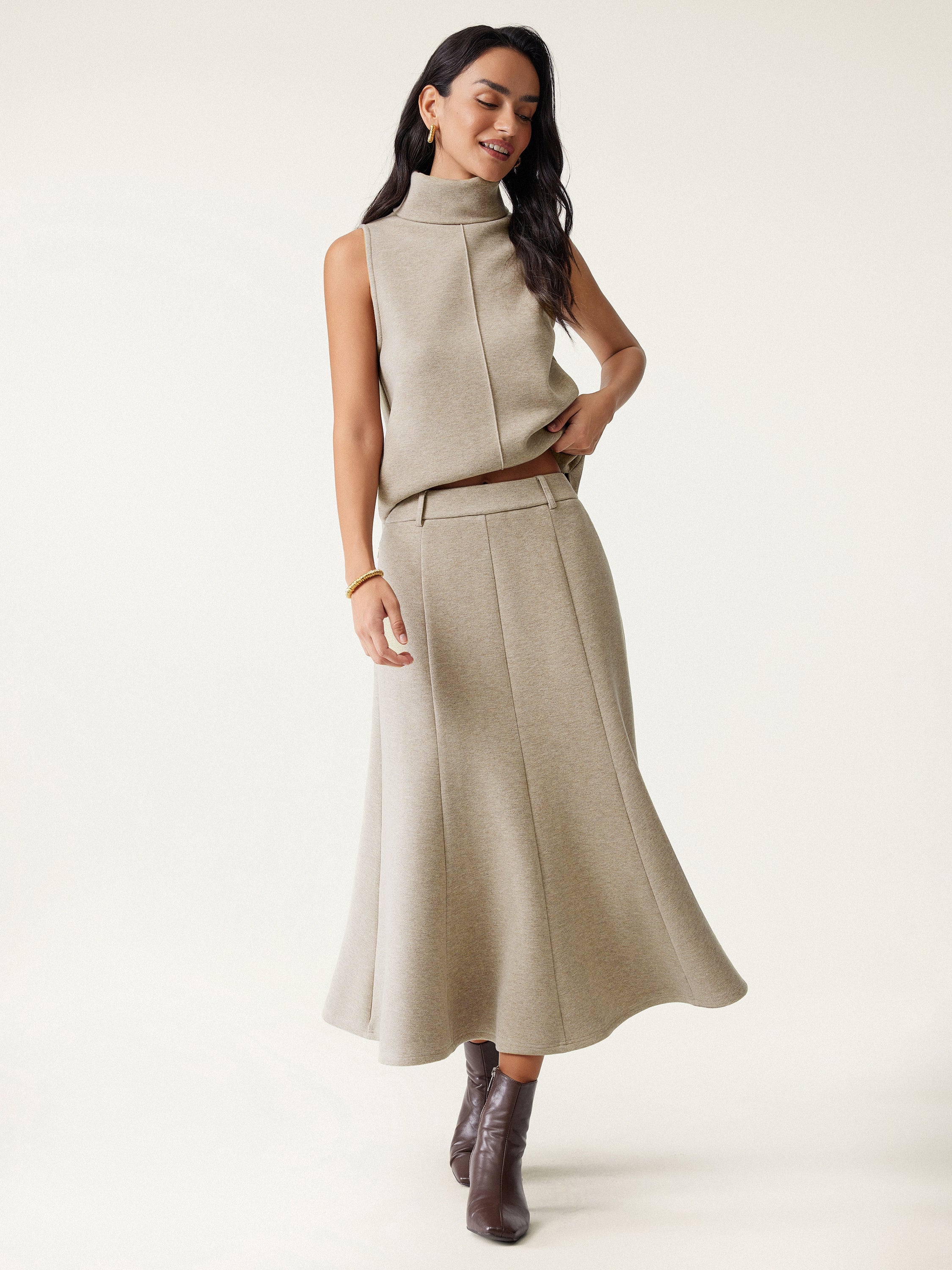 2-Piece Set Split Hem Top and High-Waisted Midi Skirt
