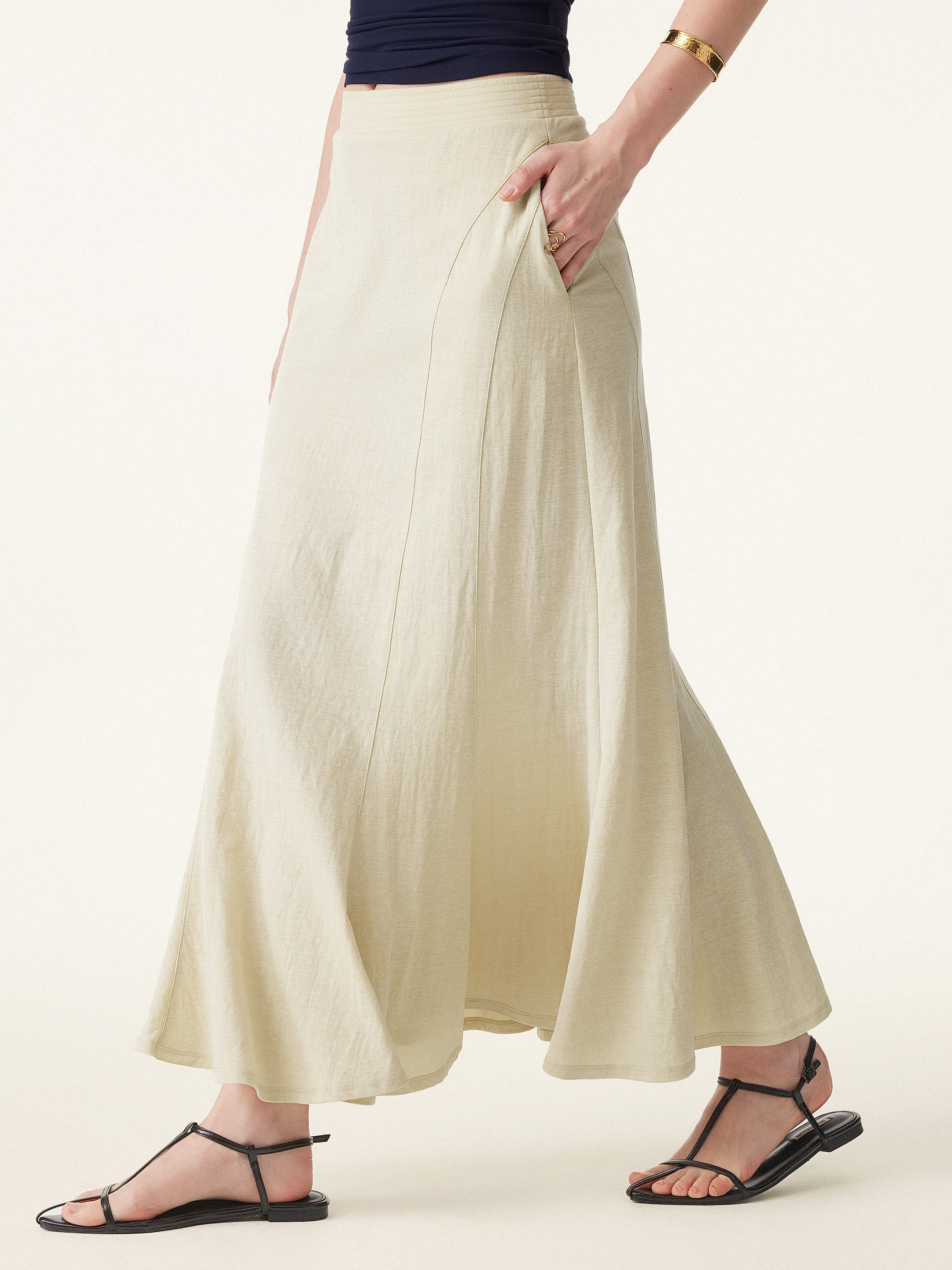 Wrinkle-resistant Cotton Linen Pull-on Midi Skirt
