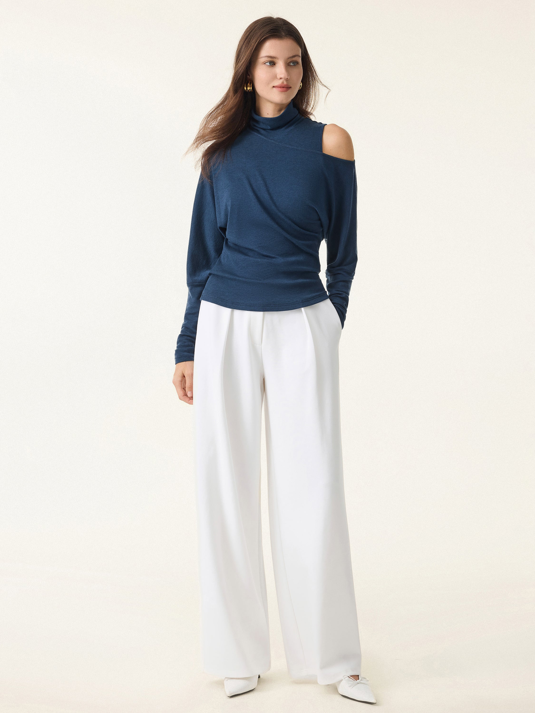 2Pcs Set Lyocell Cashmere Cold-Shoulder Semi-Sheer Top & Turtleneck Brami Tank