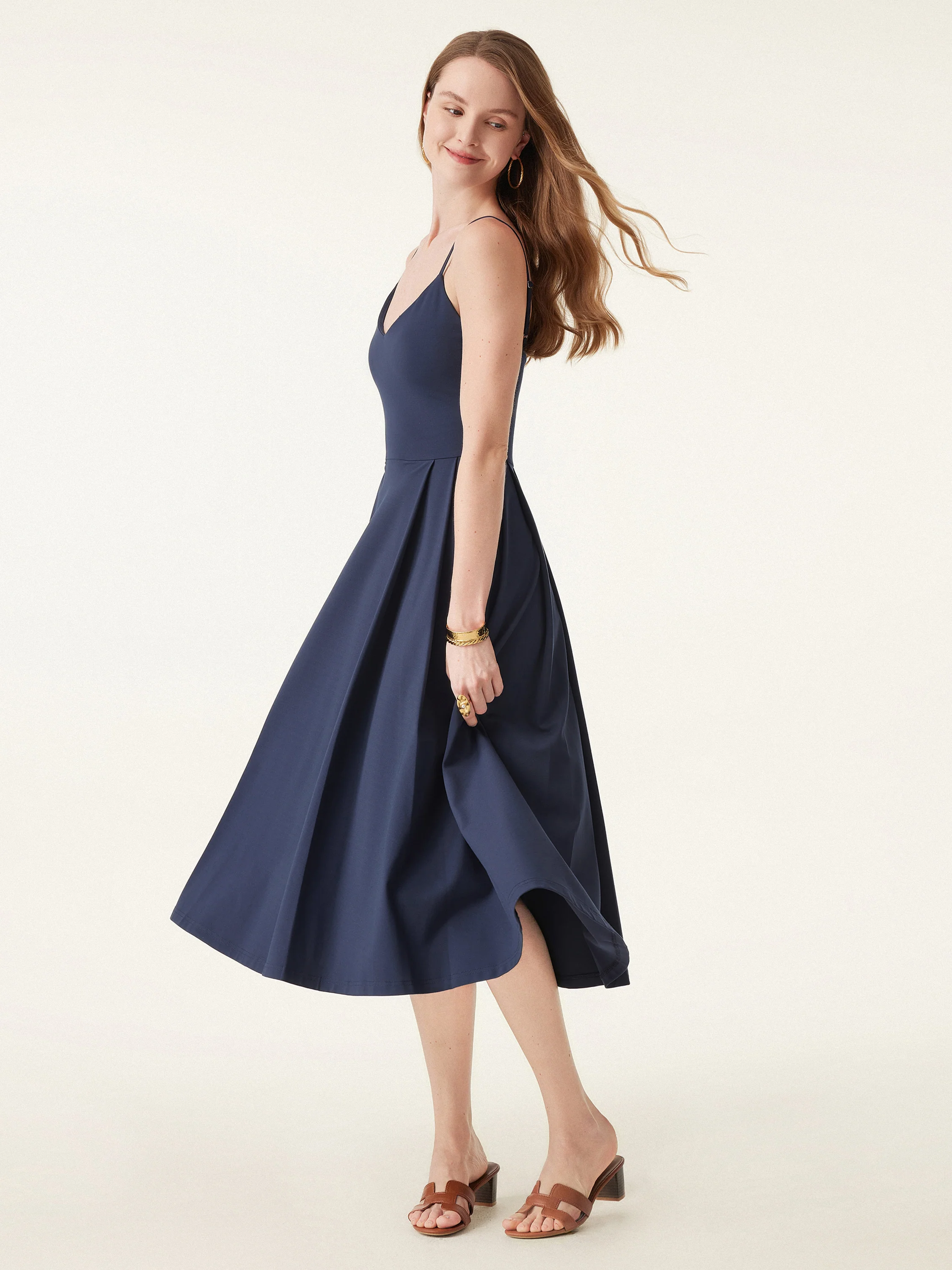 Bamboo Ponte V-neck Fit-and-flare Midi Sundress with Pockets
