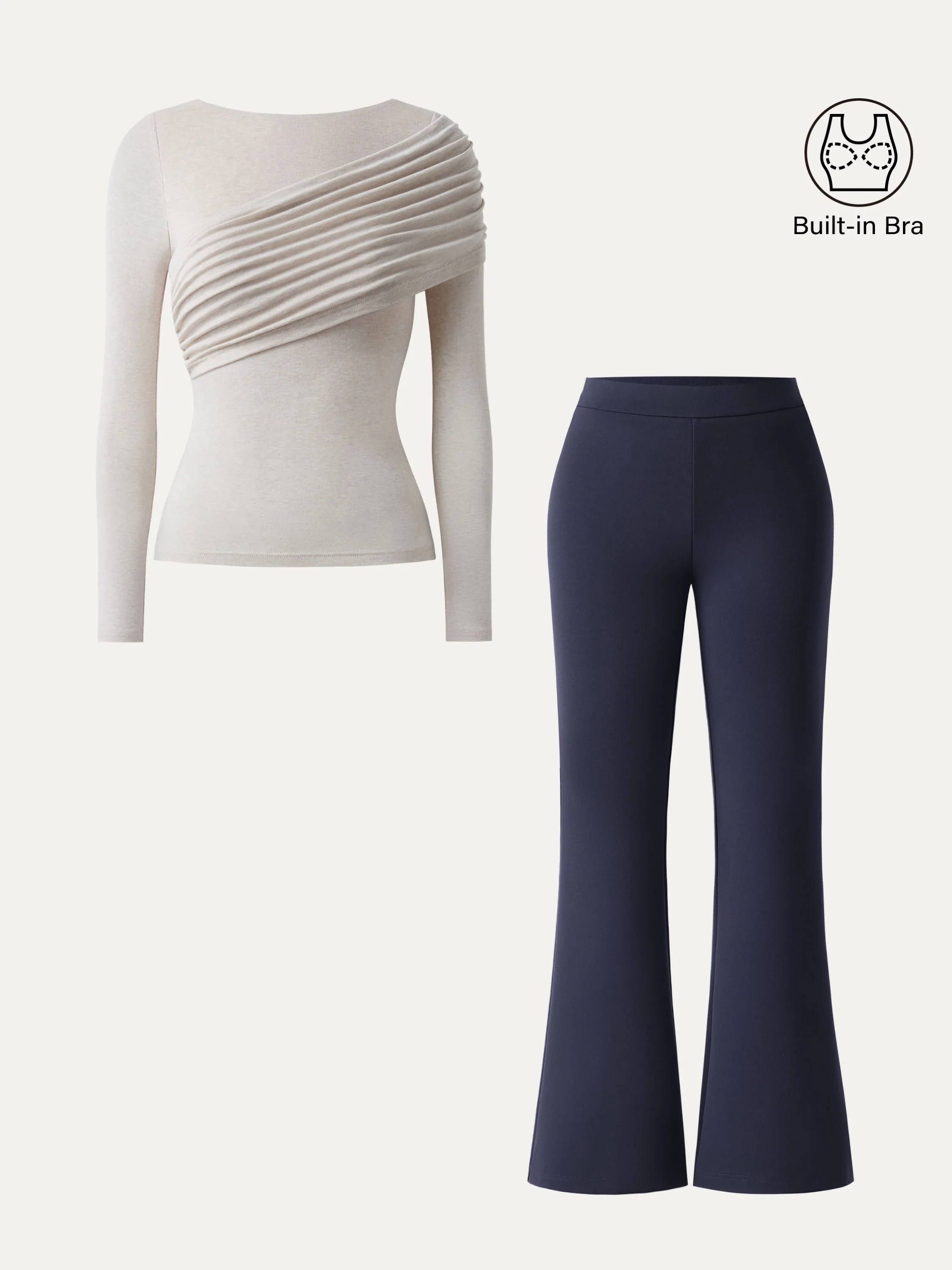 2Pcs Set Gathered Long Sleeve Brami & High Rise Pull-on Flared Petite Pants