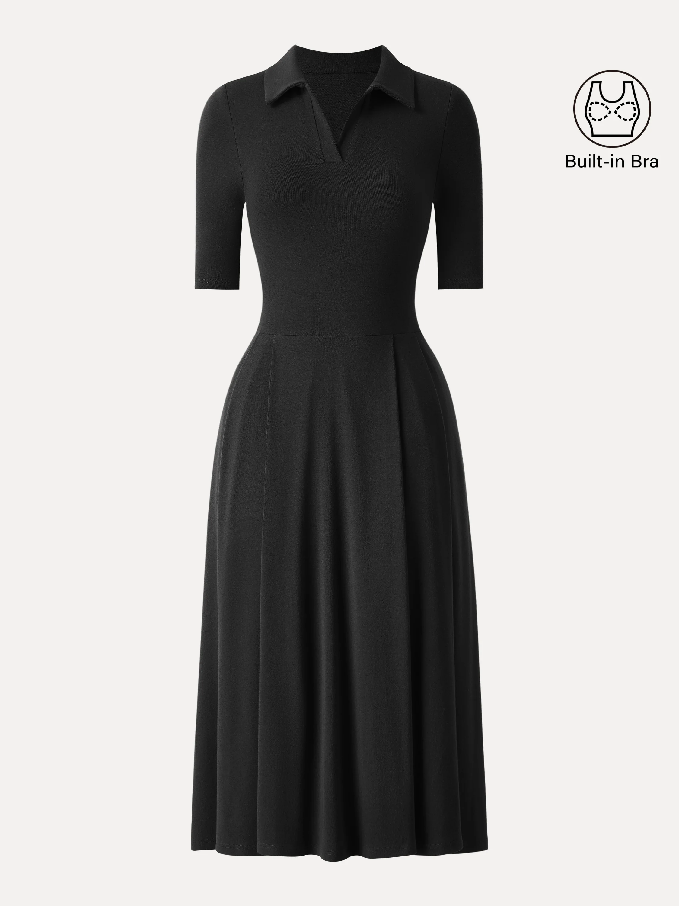 Polo Neck Elbow-Length Sleeve Midi Dress with Pockets
