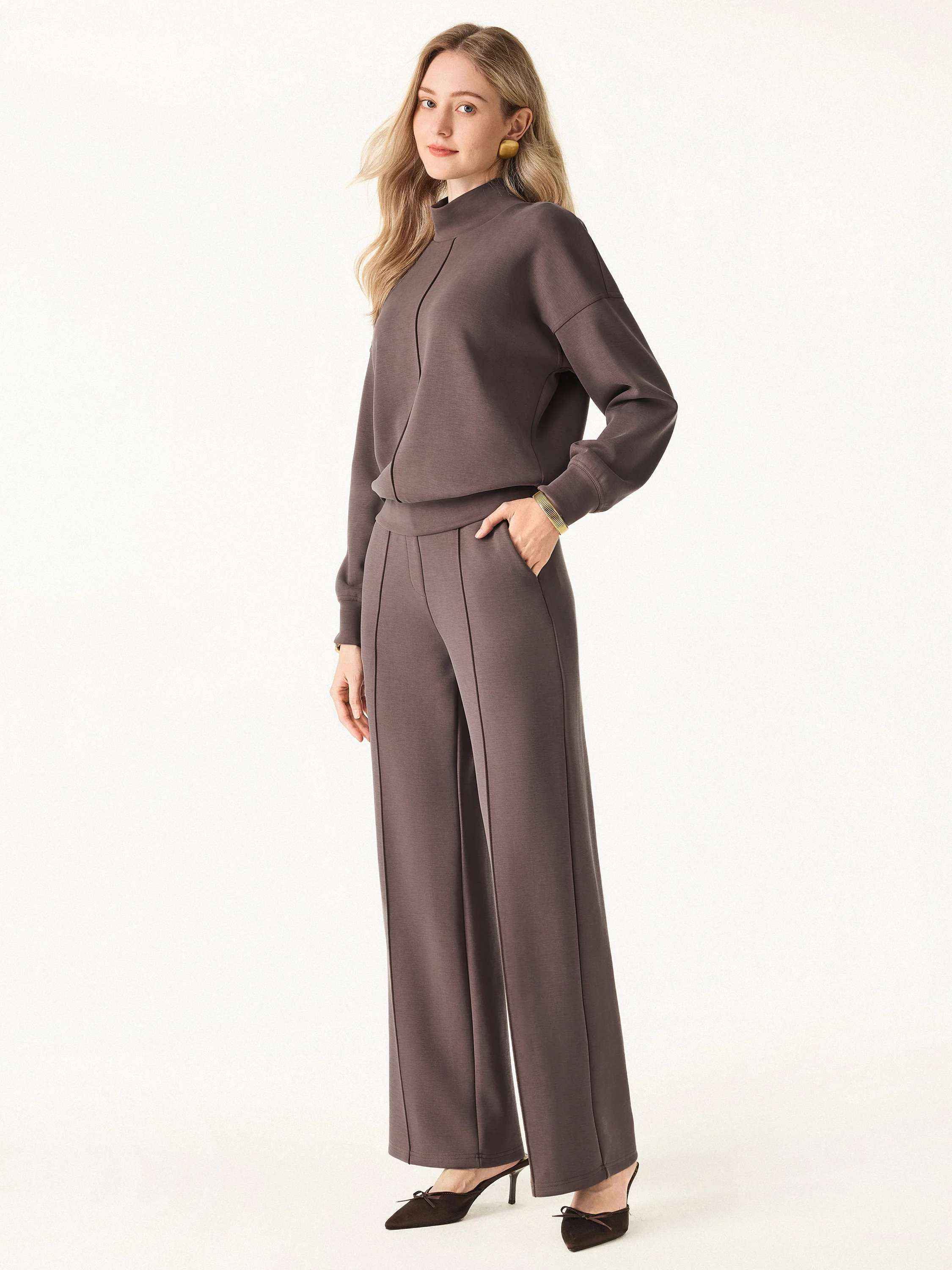 2-Piece Set: Mock Neck Pullover Shirt and Mid-Rise Straight-Leg Pants with Pockets