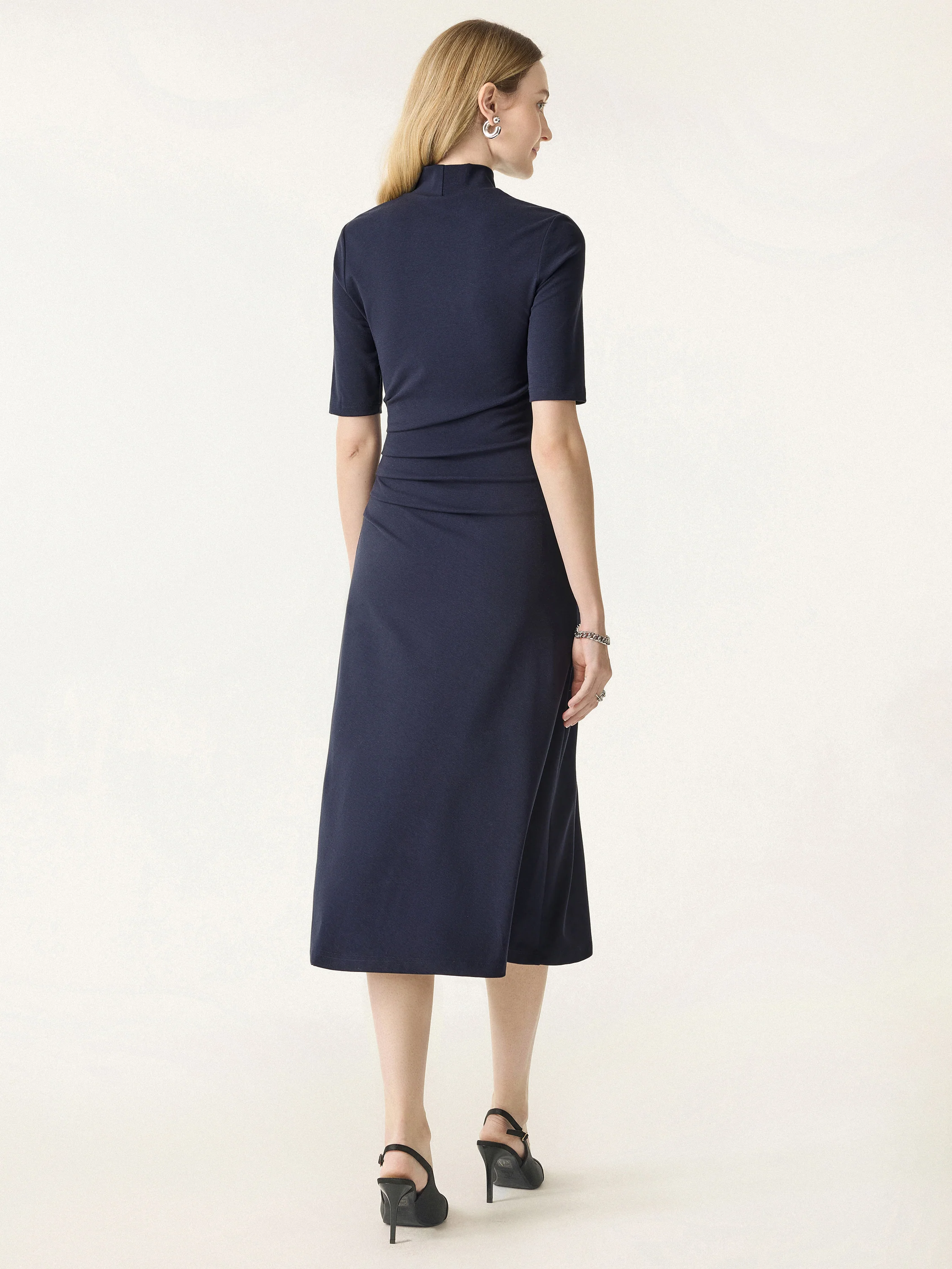 Mock Neck Elbow-Length Sleeve Tucked Mid-Length Dress
