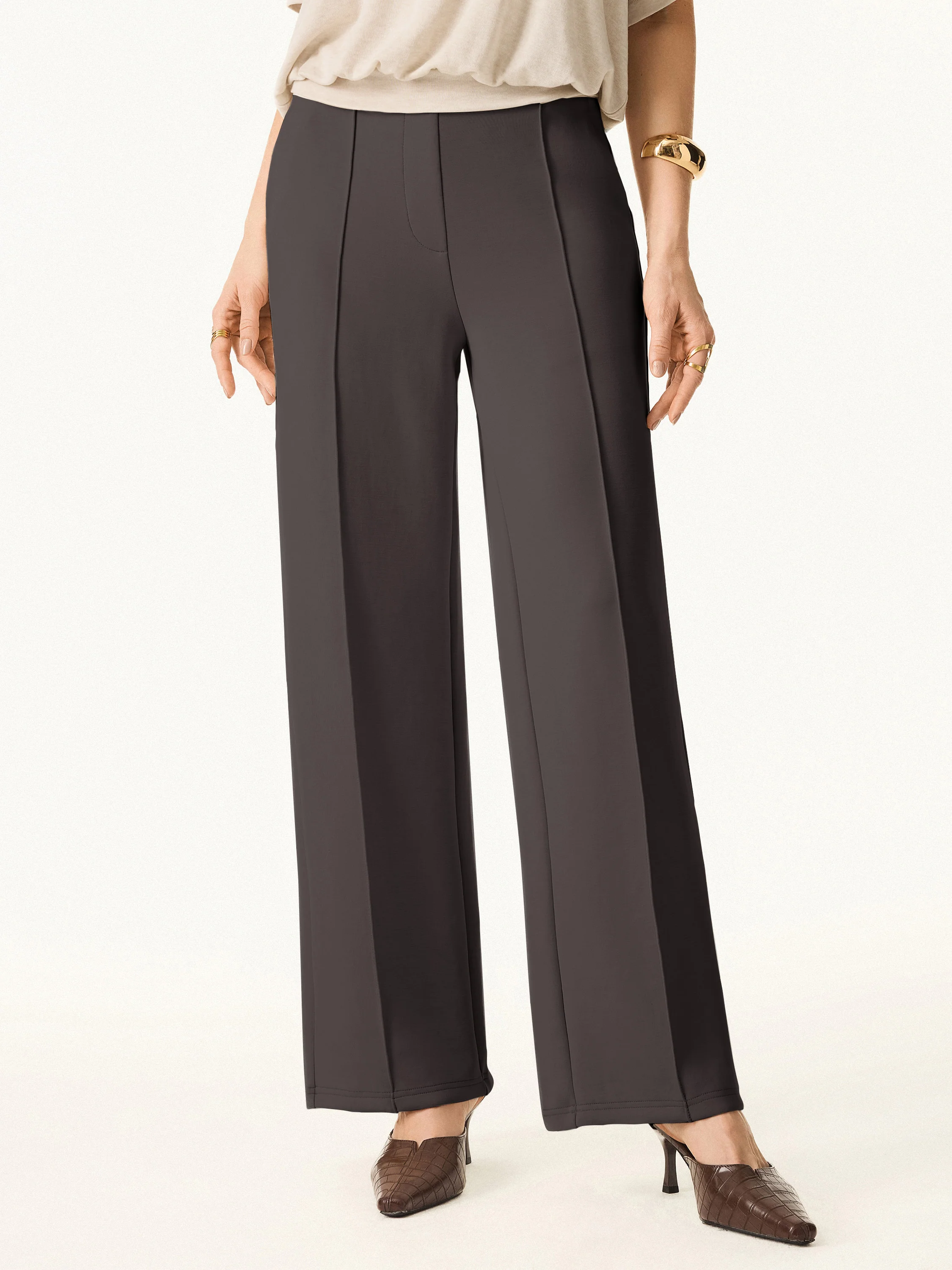 Wrinkle-Resistant Mid Rise Straight Leg Pants with Pockets