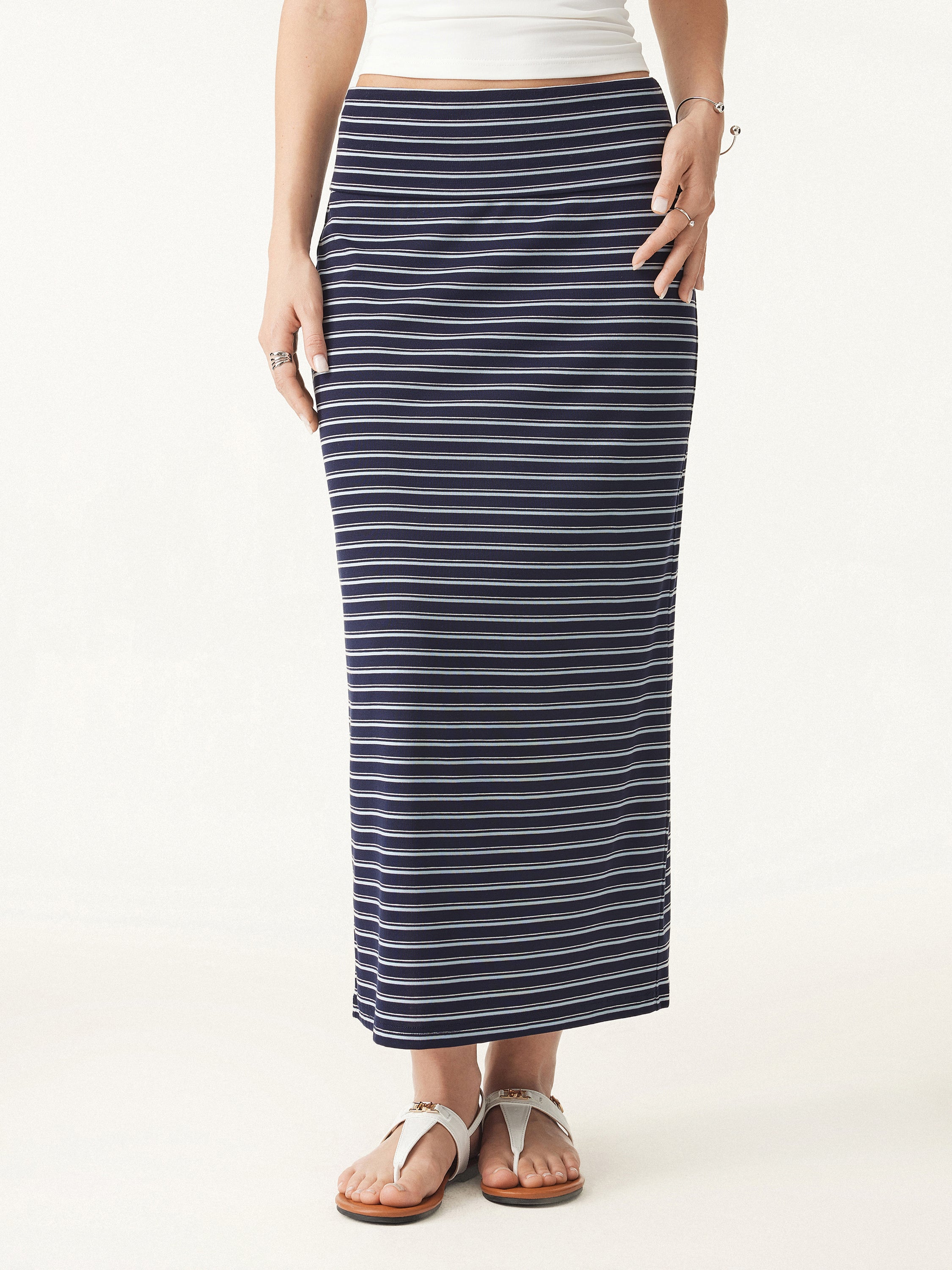 Low Rise Folded Waist Striped Mid-length Skirt