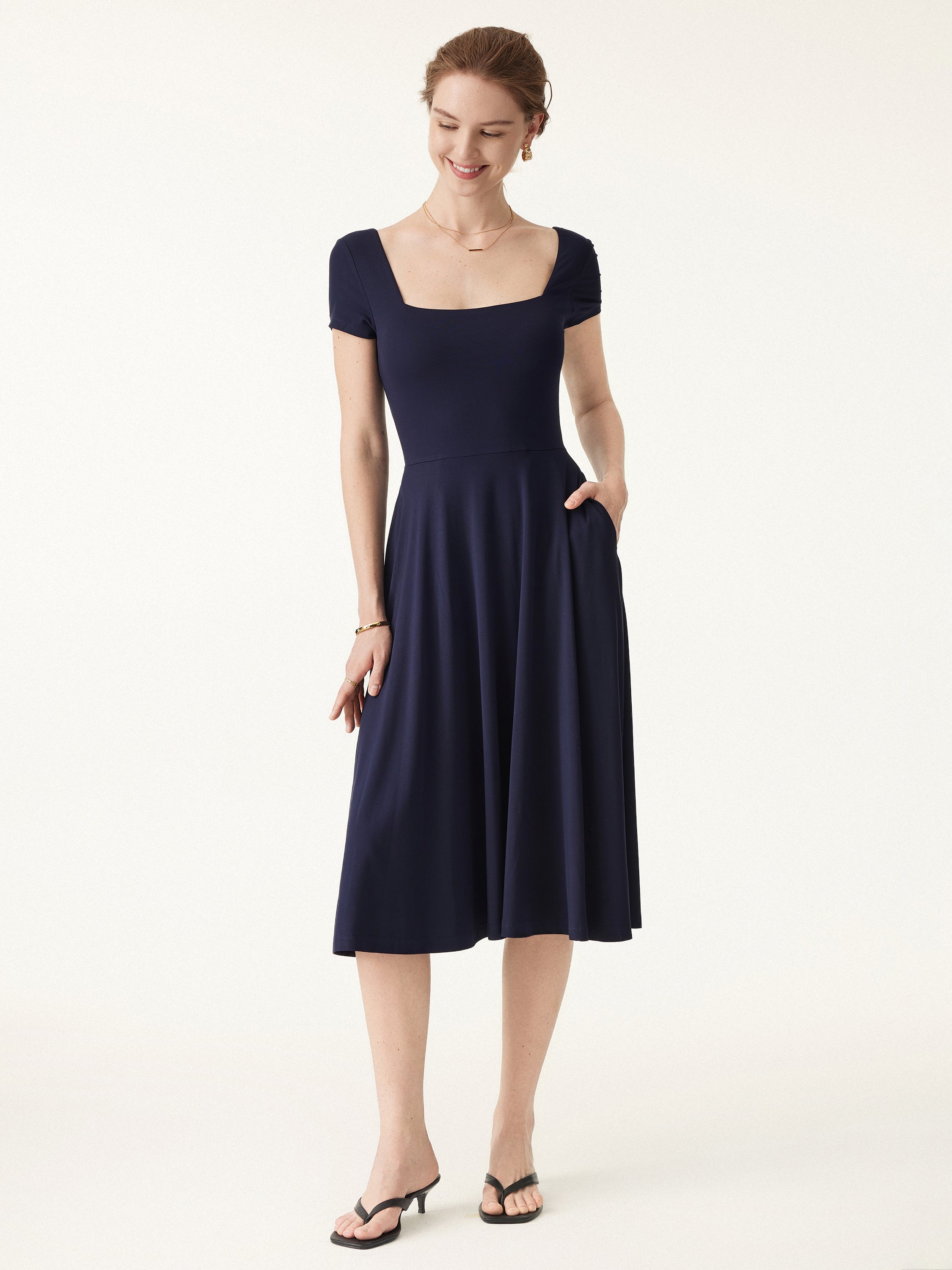 Flowy Square Neck Short Sleeve Midi Brami Dress