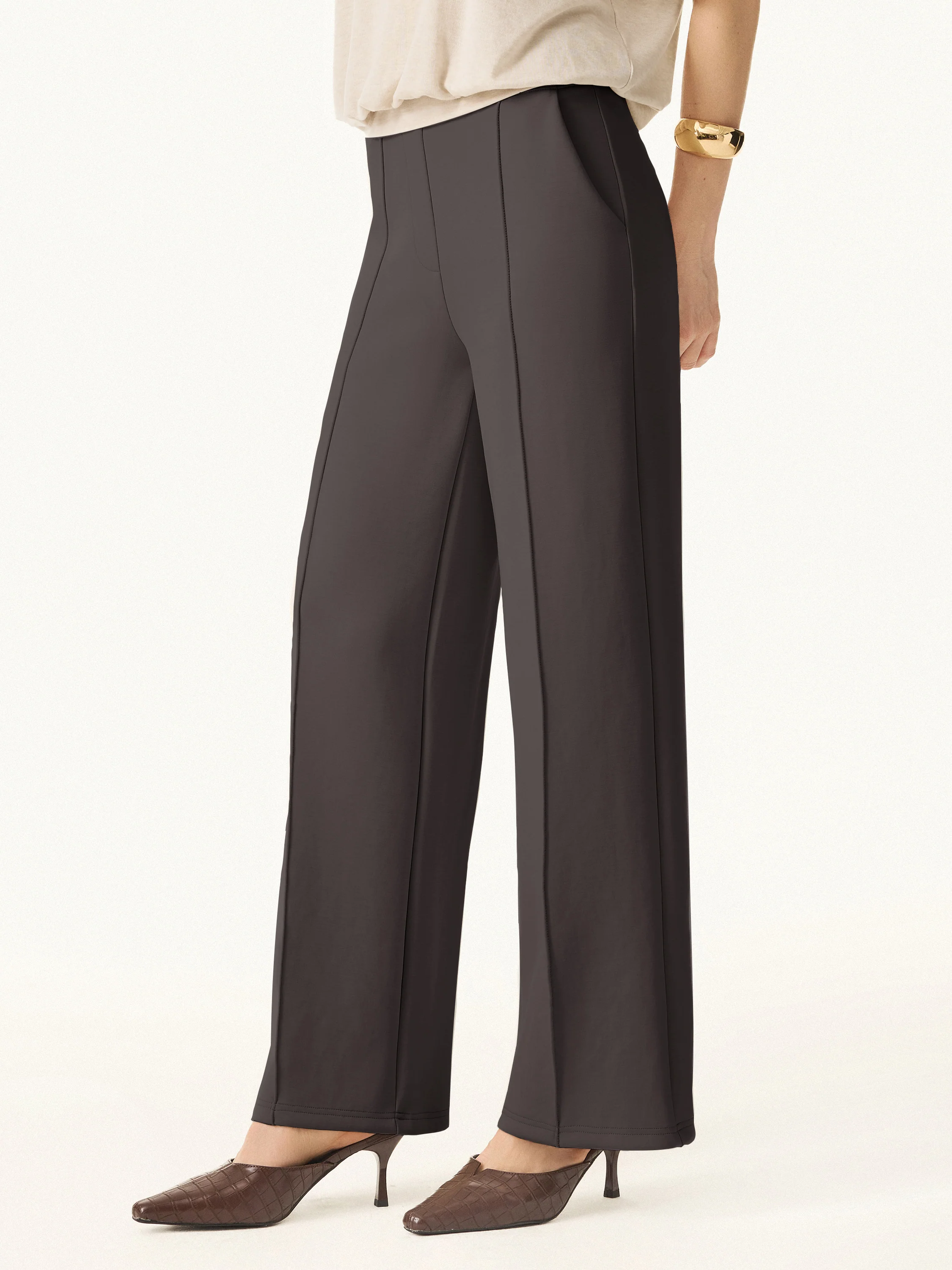 Wrinkle-Resistant Mid Rise Straight Leg Pants with Pockets