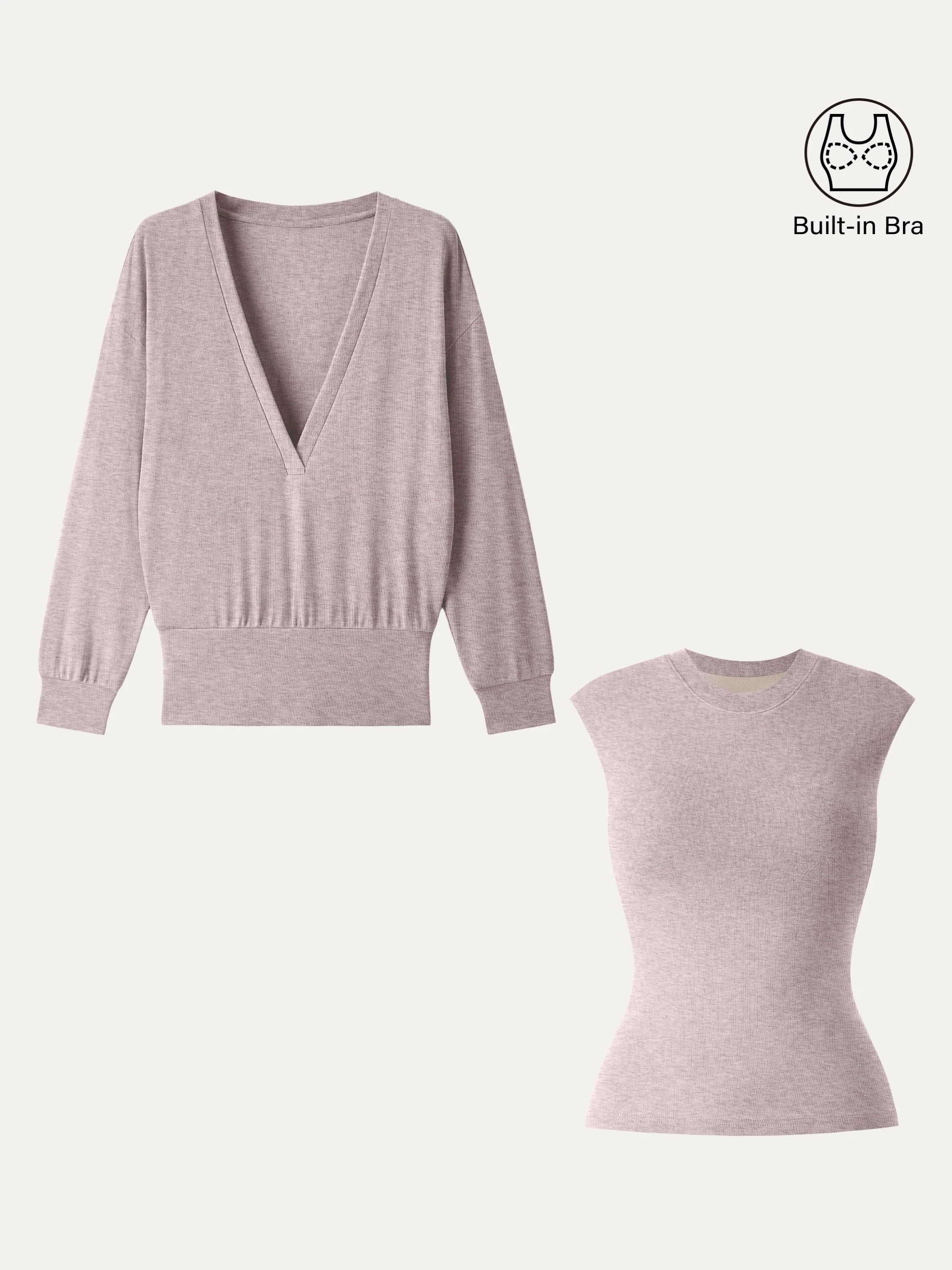 2Pcs Set Lyocell Cashmere V-neck Drop Shoulder Top & Crew Neck Wide Shoulder Brami