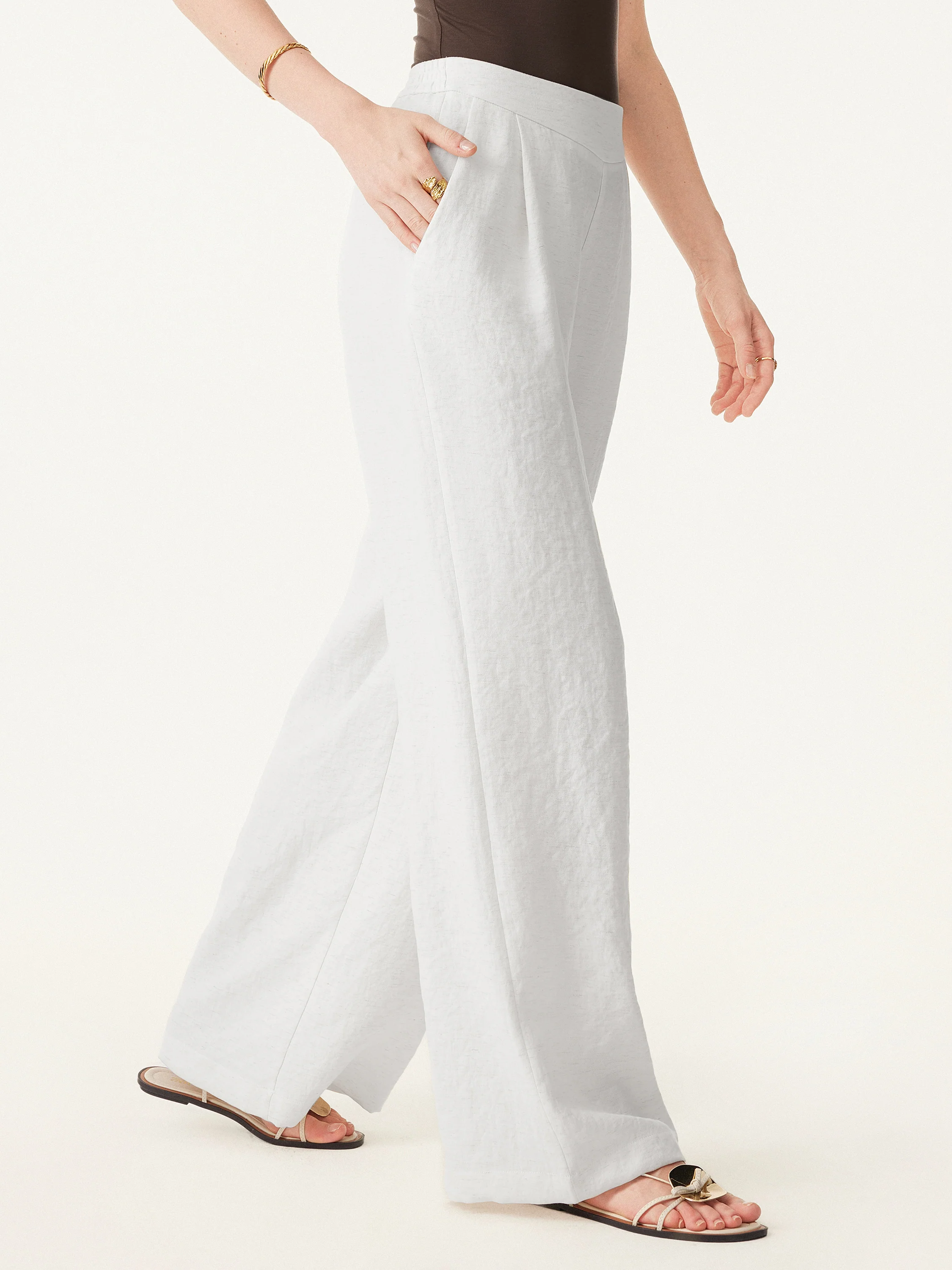 Airy Linen Mid-Rise Wide-Leg Pants with Pockets