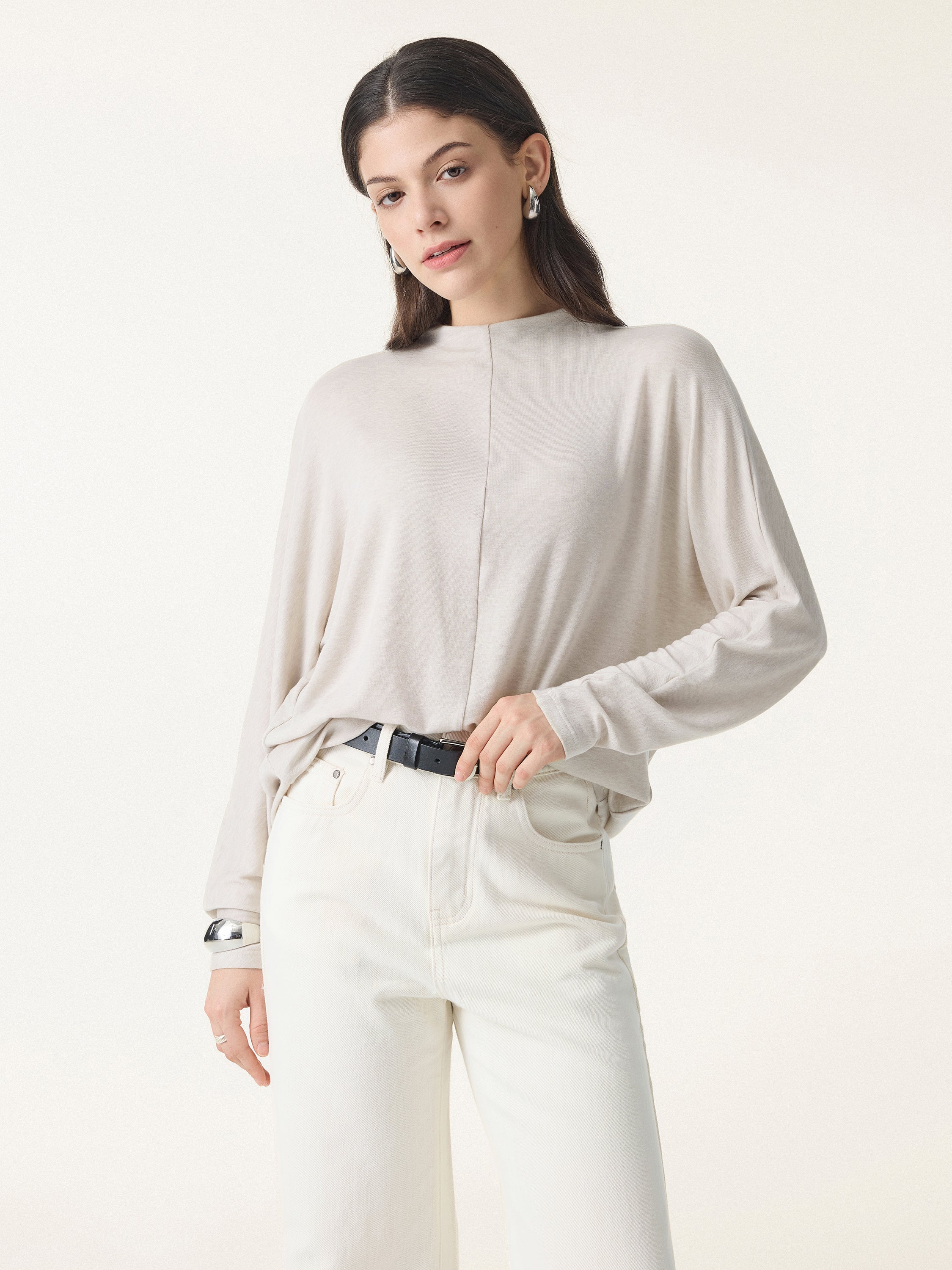 Lyocell Cashmere Relaxed Mockneck Batwing Sleeve Top