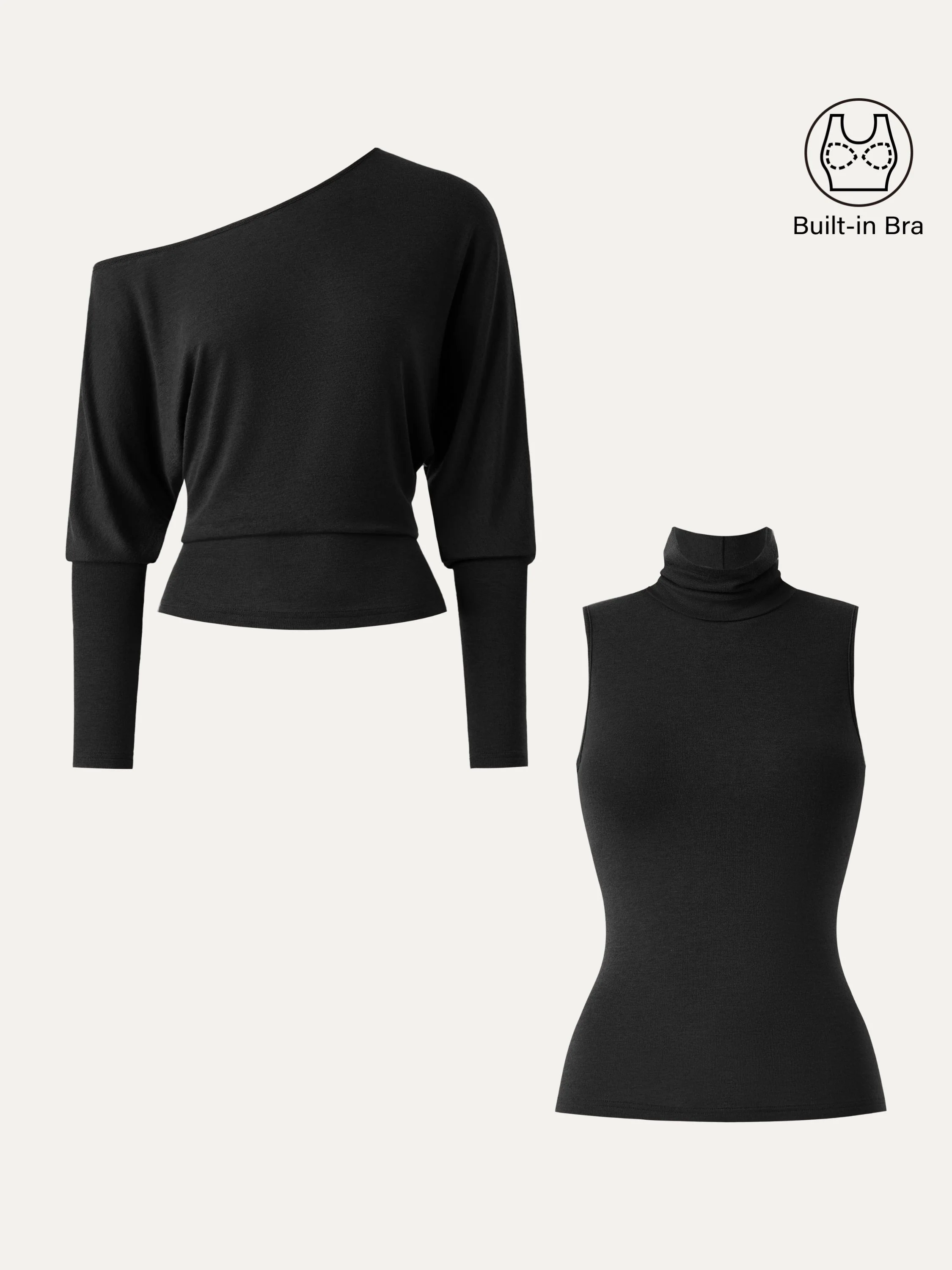 2Pcs Set Lyocell Cashmere Cold-Shoulder Semi-Sheer Top & Turtleneck Brami Tank