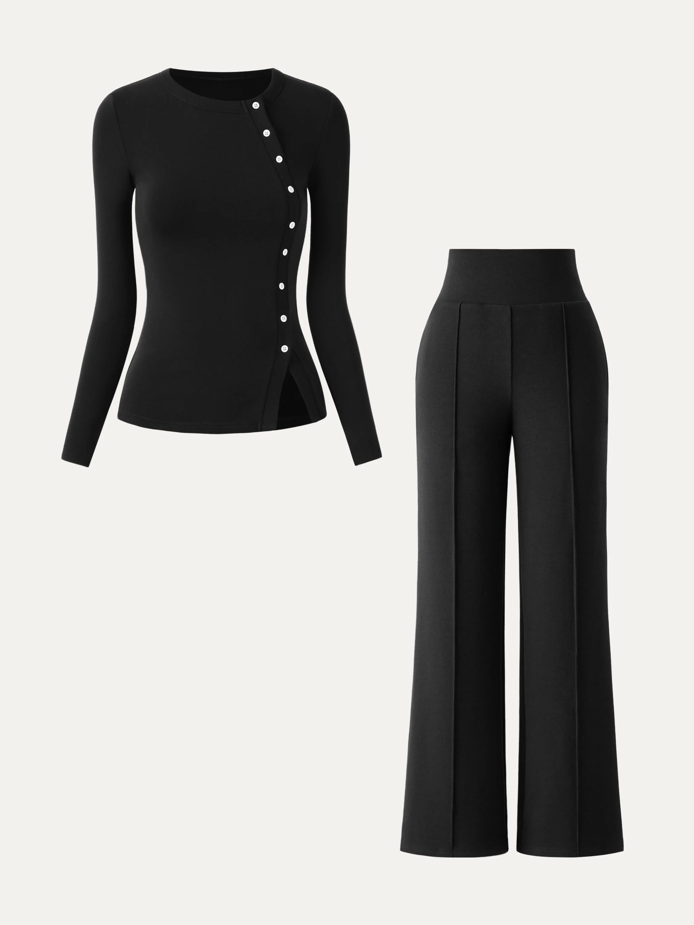 2-Piece Set Asymmetrical Placket Top and Tummy-Warming Pin-Tuck Pants