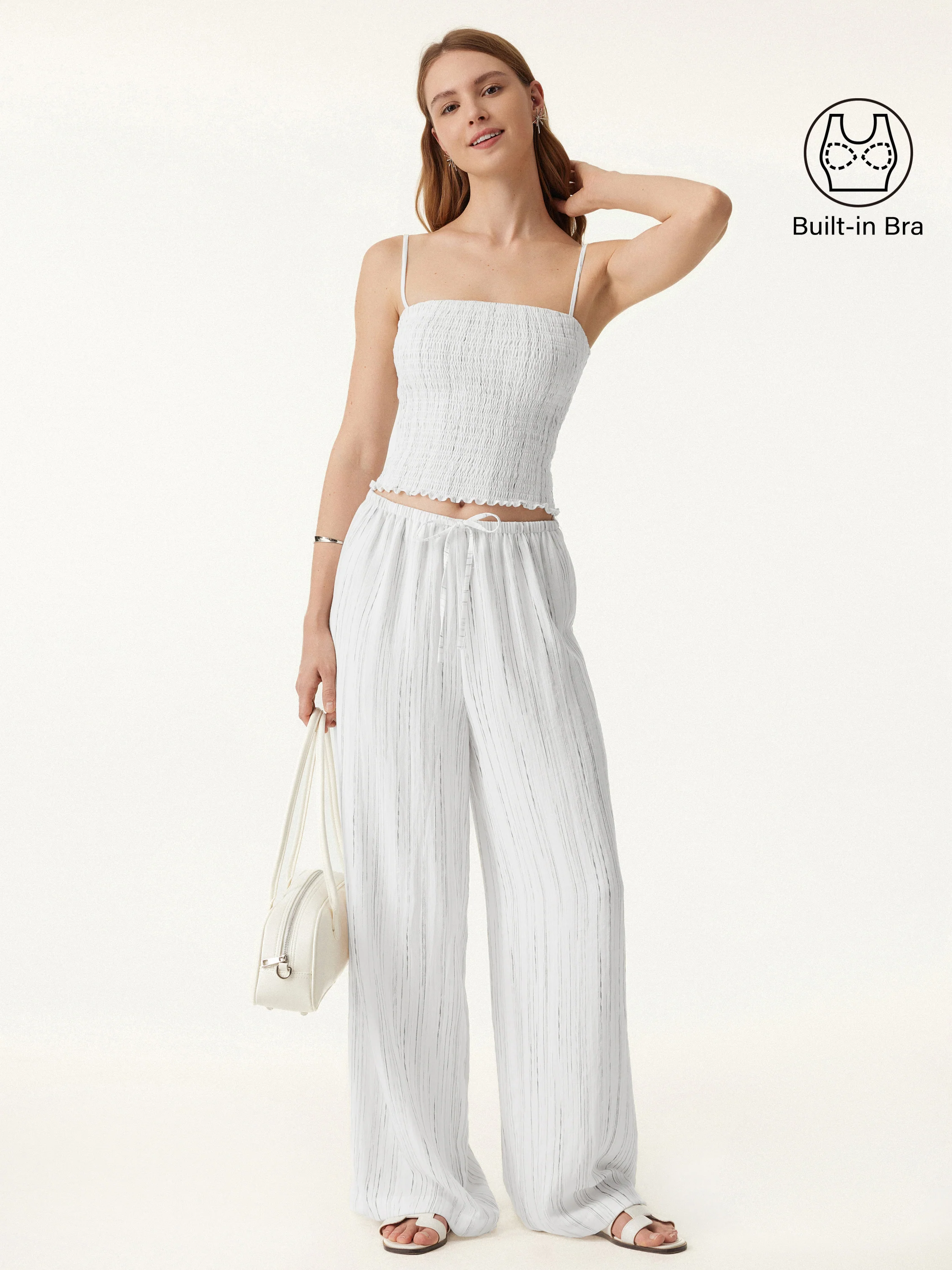 2Pcs Set Striped Adjustable Spaghetti Brami &  Striped Wide Leg Pants with Pockets