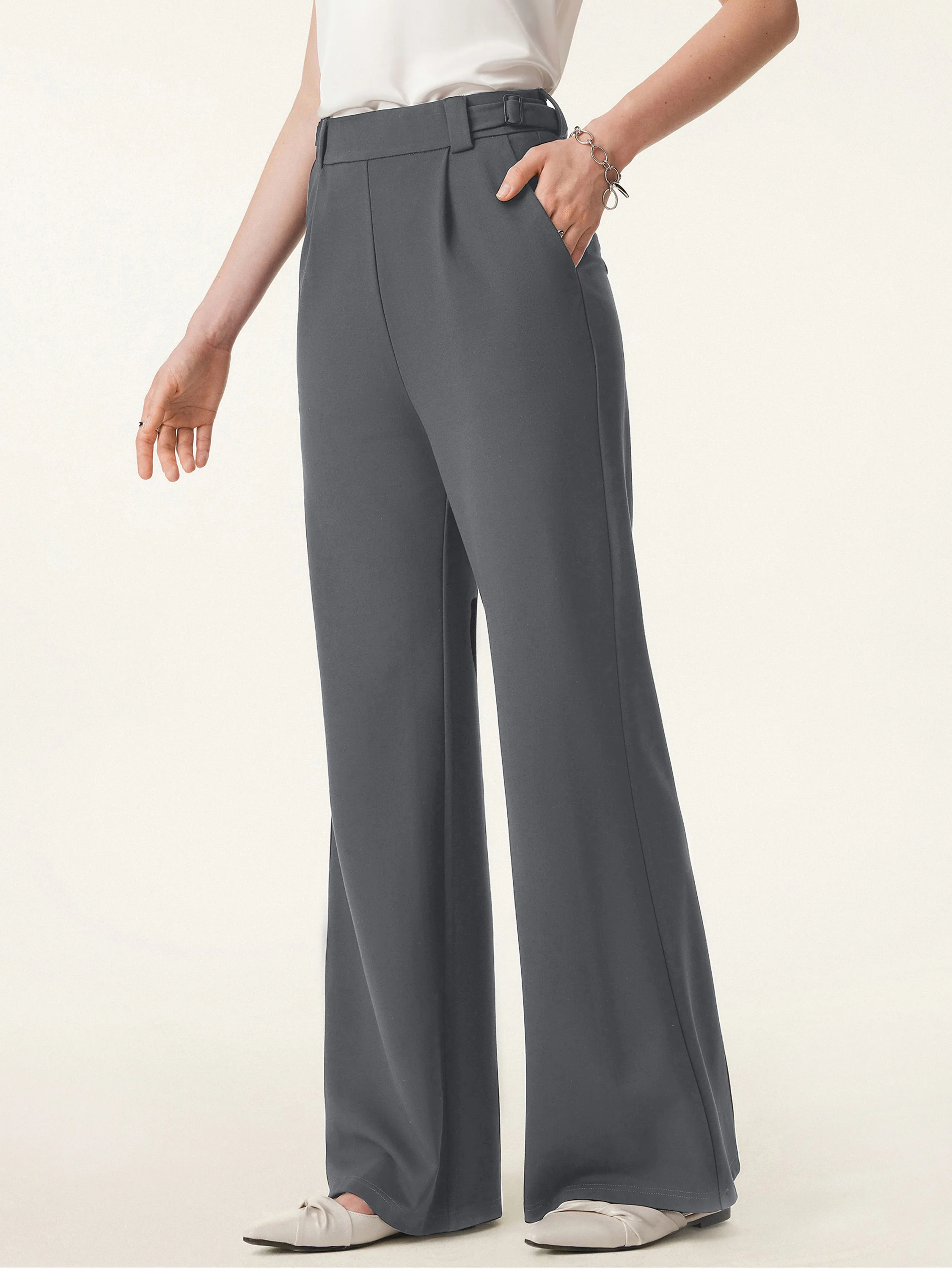 High Rise Pull-on Wide Leg Pants with Adjustable Bar