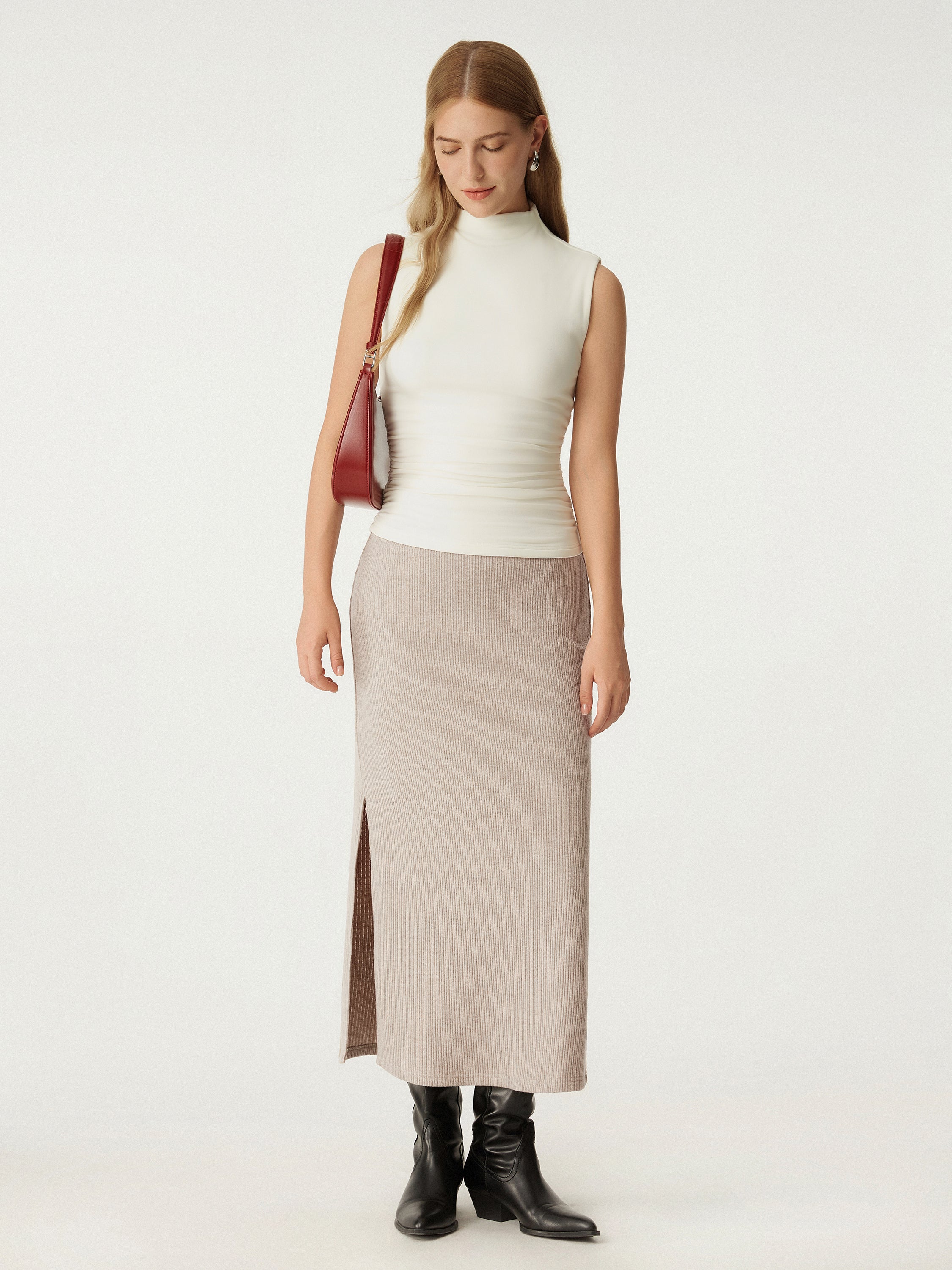 High-Waisted Split-Hem Mid-Length Skirt