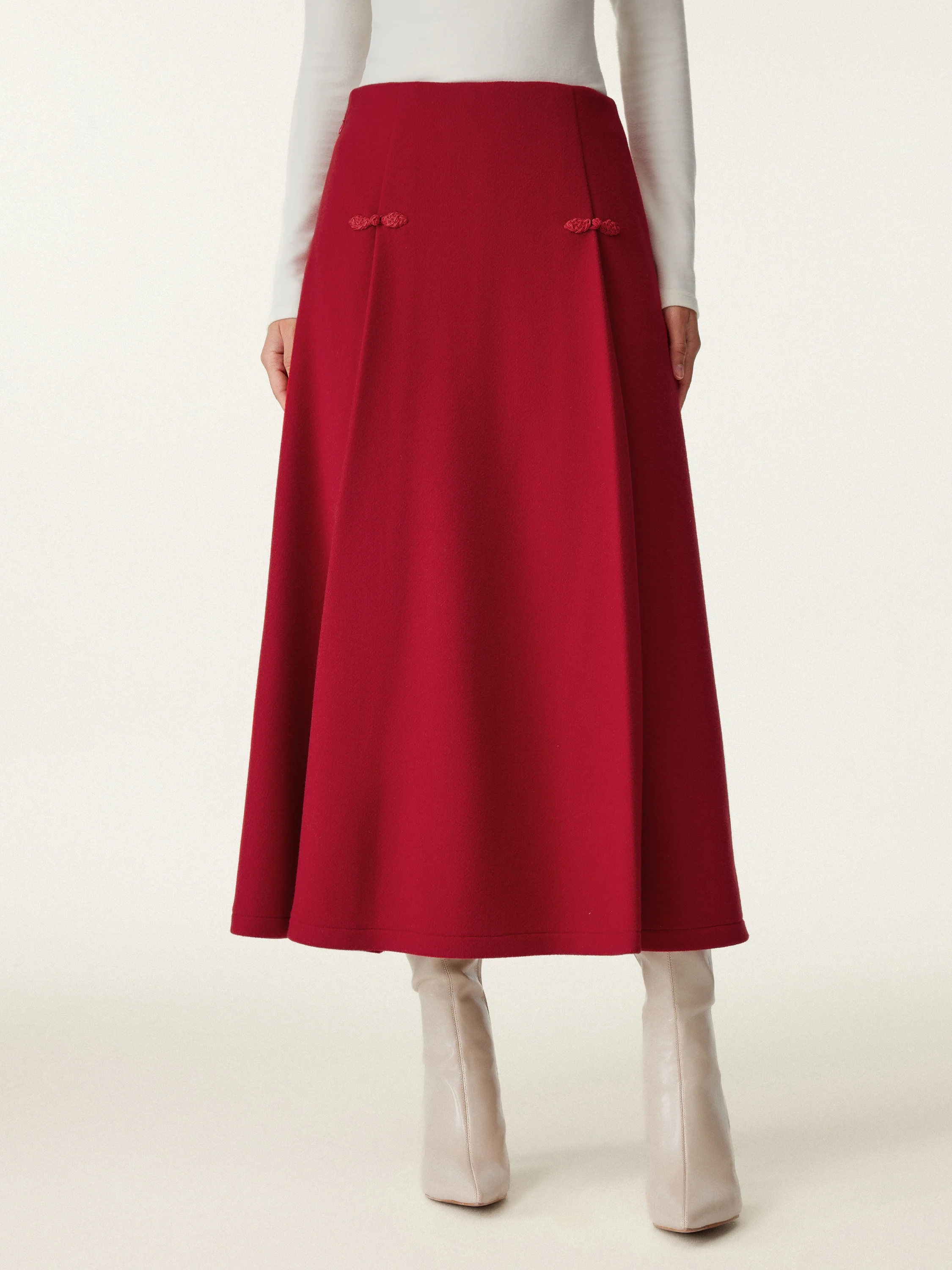 Wool-like Frog Button A-Line Midi Skirt
