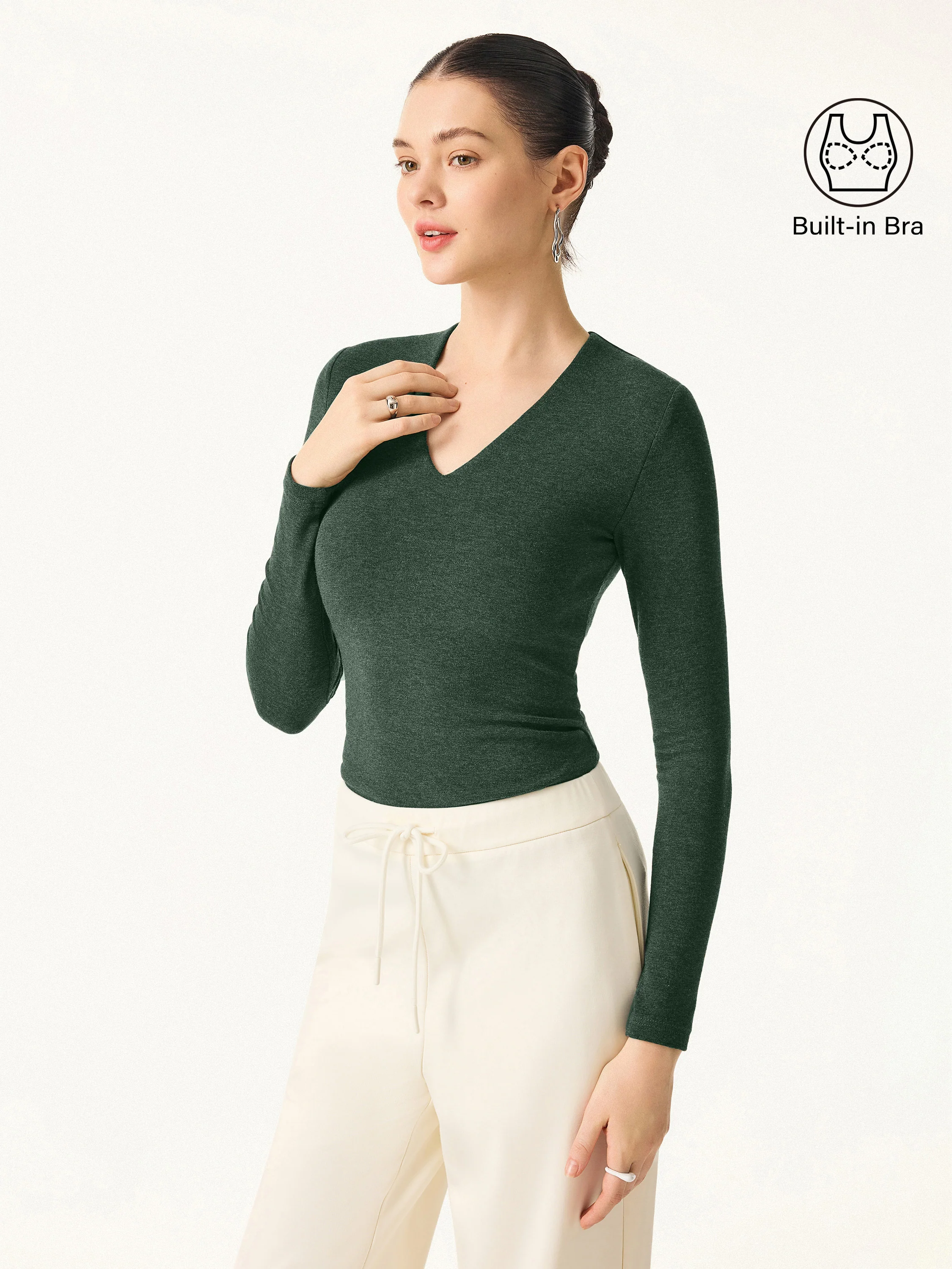 2-Piece Set Stretch Cotton V-Neck Long Sleeve Crop Top