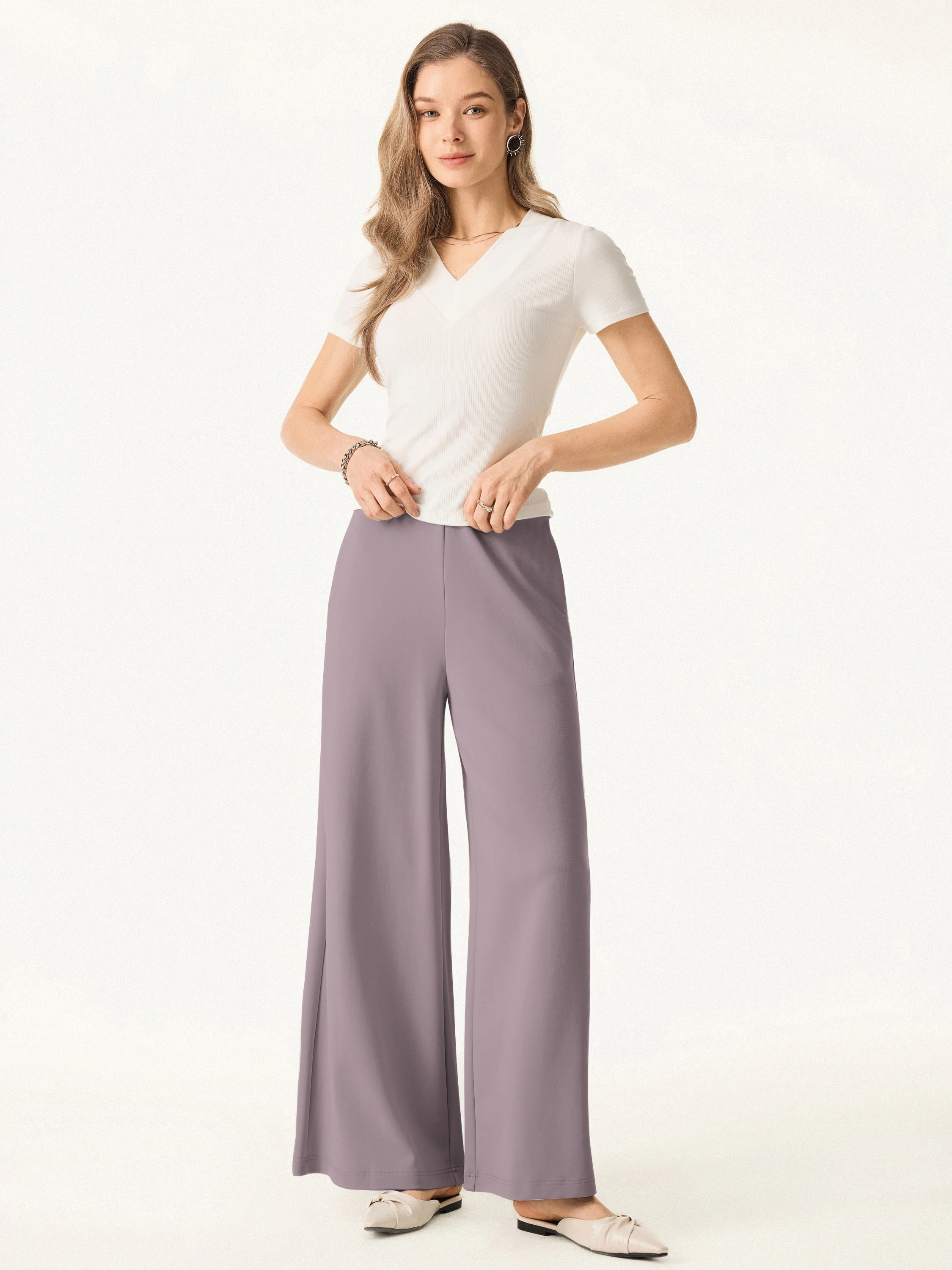 Wrinkle-Resistant Mid Rise Wide Leg Pull-on Pants with Pockets
