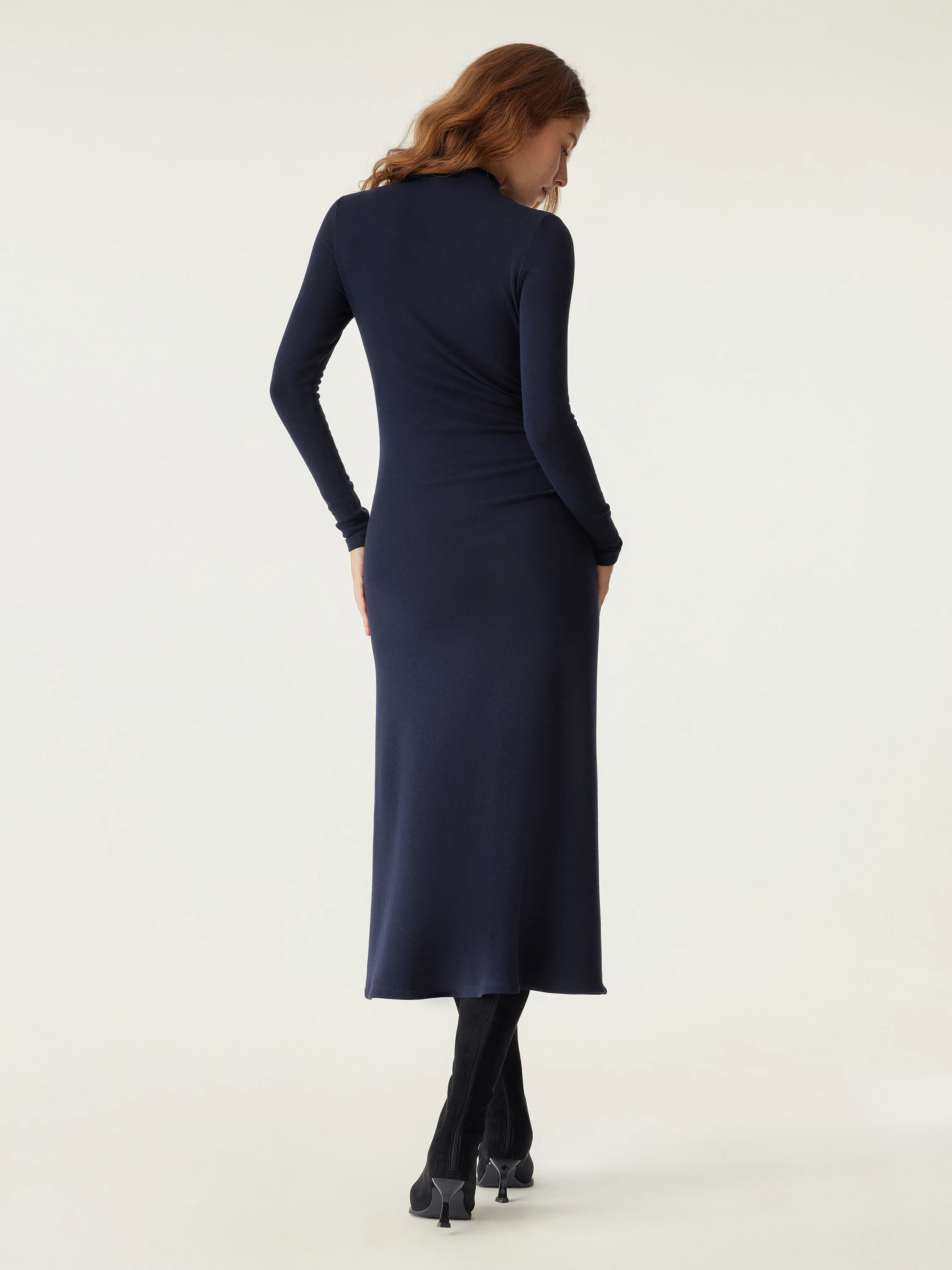 Heat Long Sleeves Mock - neck Tucked Midi Dress
