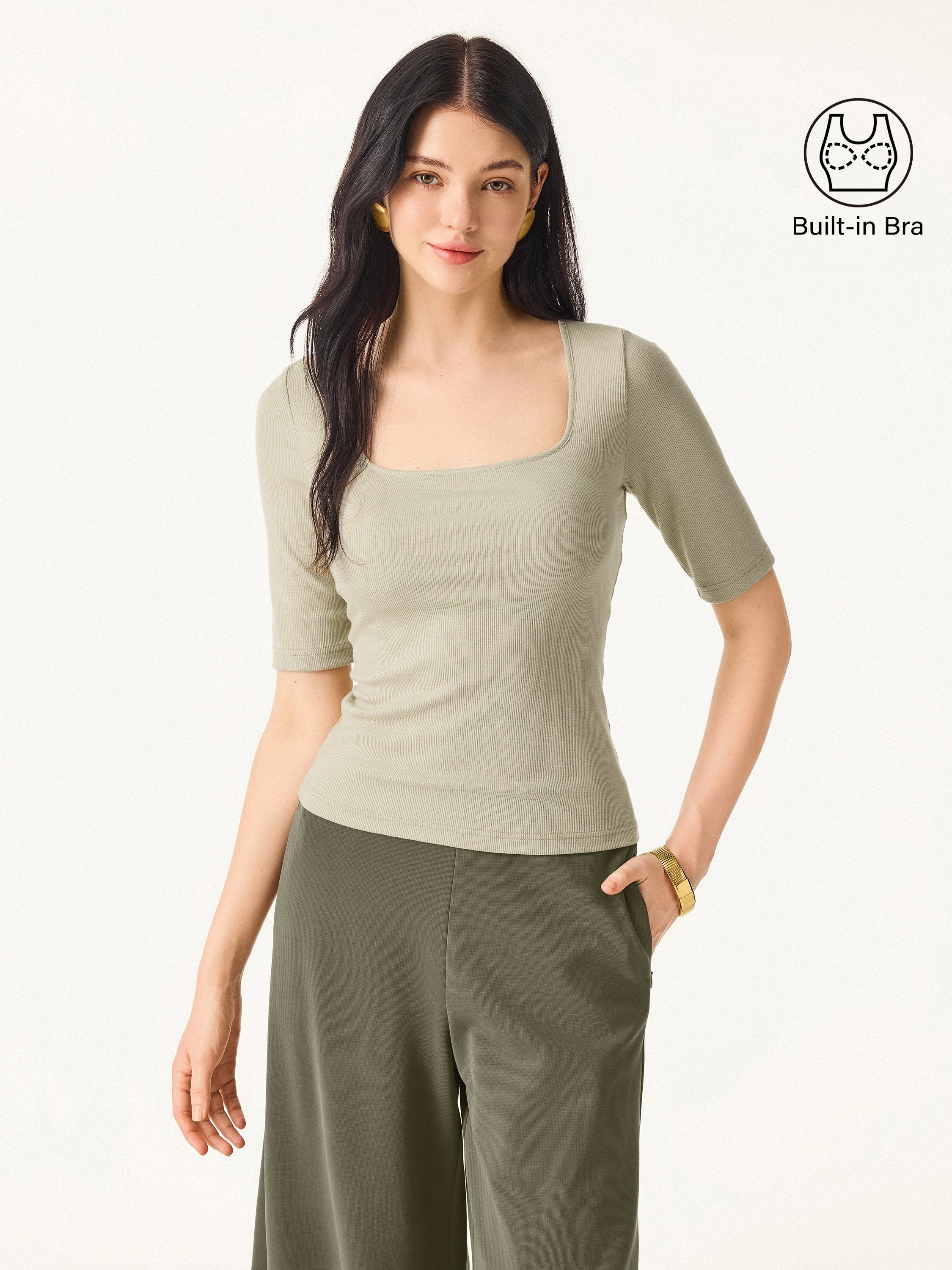 Essential Stretch Cotton Square Neck Elbow Length Sleeve Brami