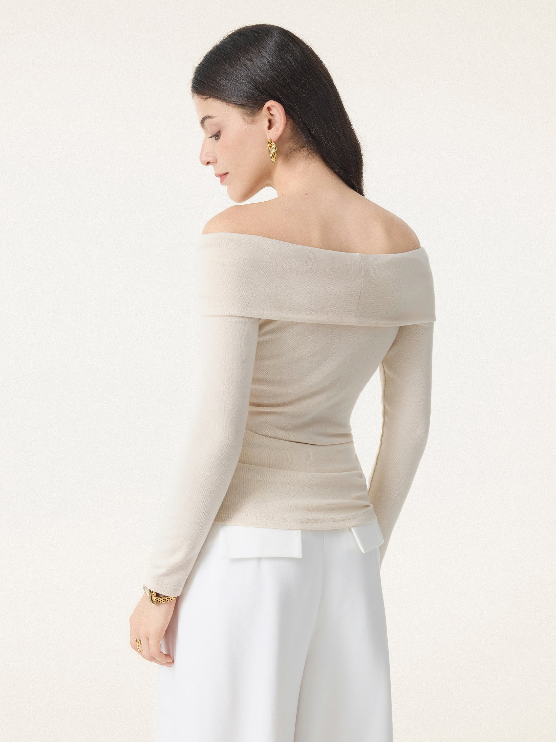 Off-the-Shoulder Long-Sleeve Side-Ruched Crop Top