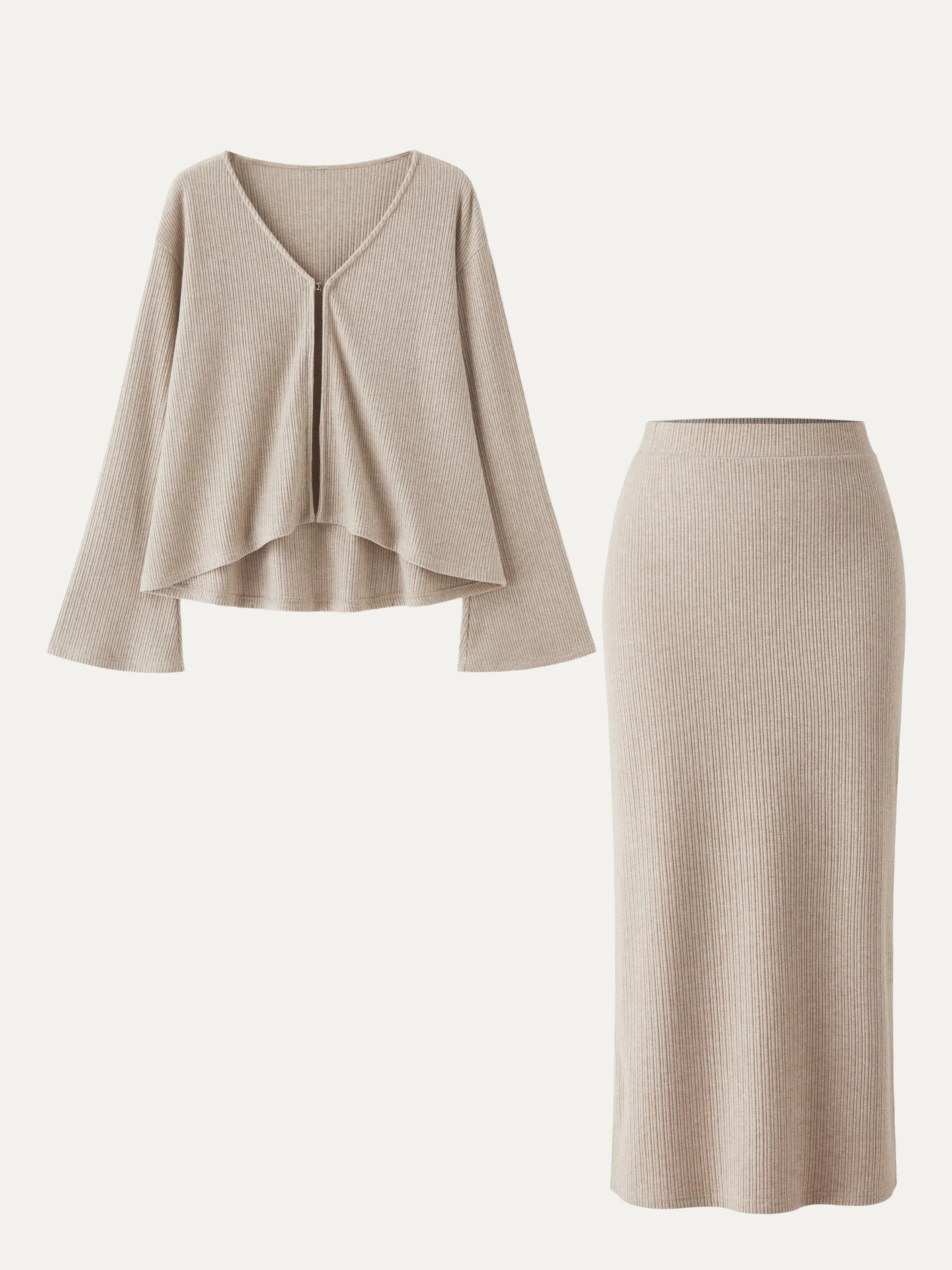 2-Piece Set V-Neck Flare Cardigan and High-Waisted Midi Skirt