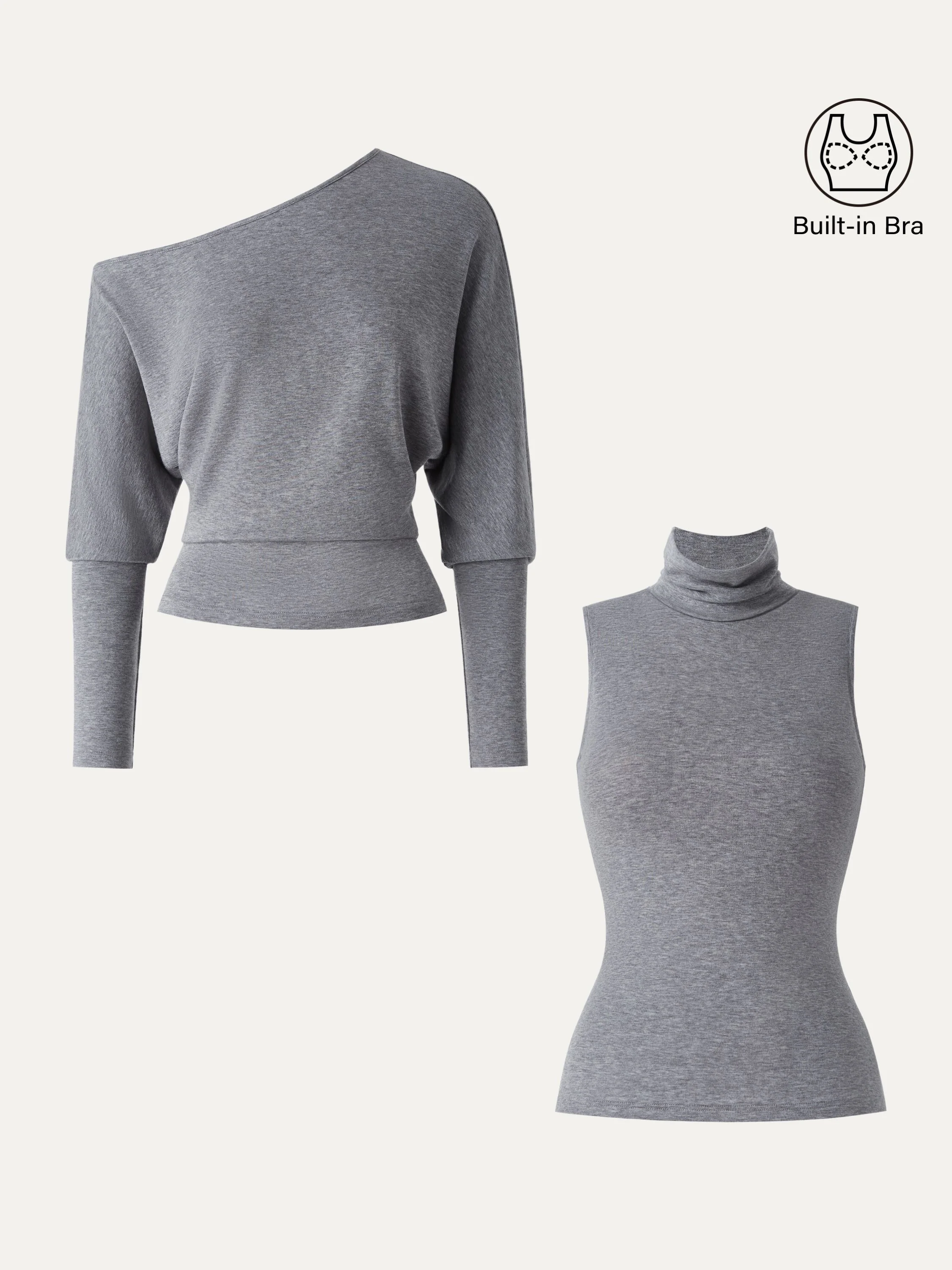 2Pcs Set Lyocell Cashmere Cold-Shoulder Semi-Sheer Top & Turtleneck Brami Tank