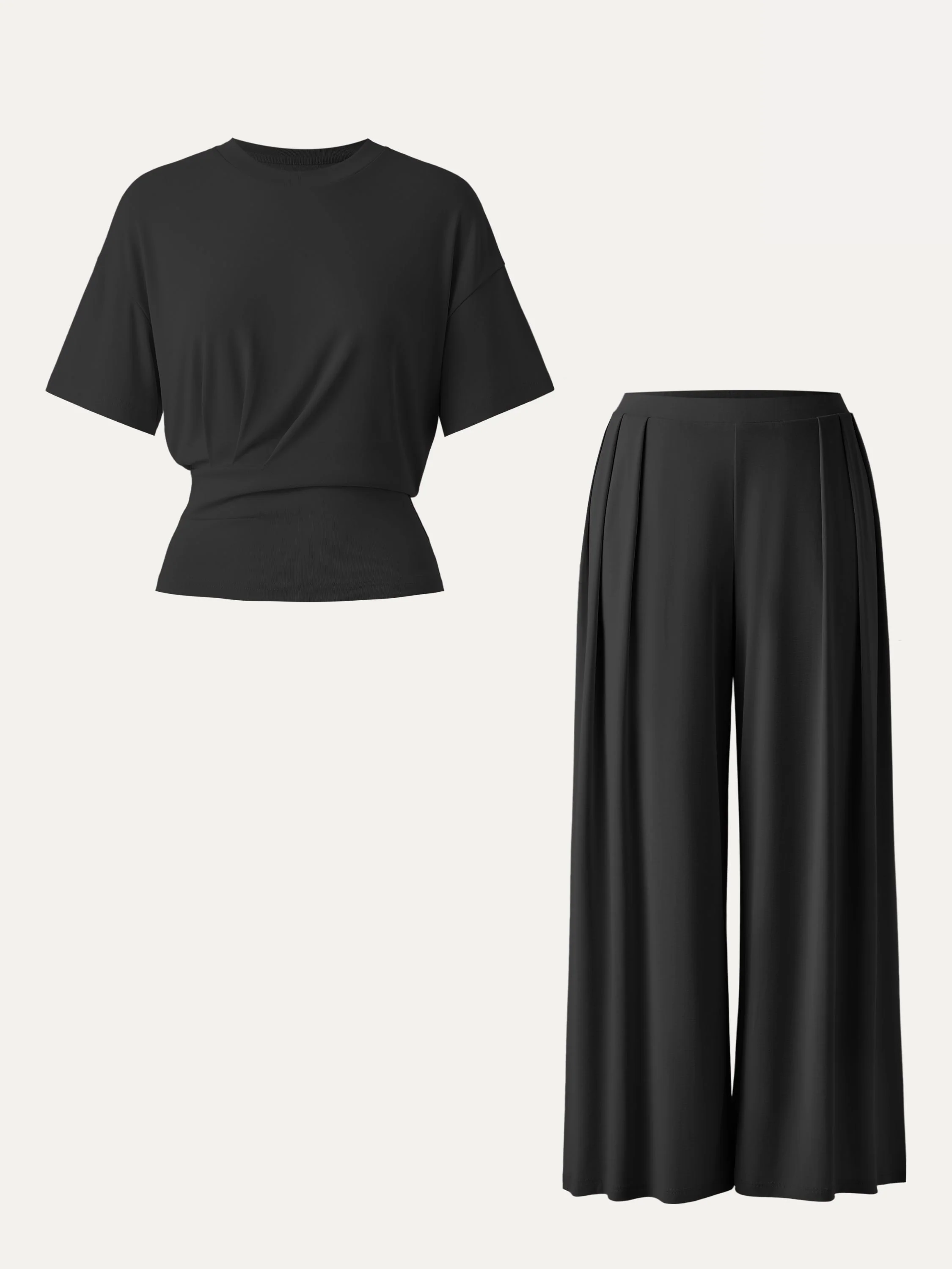 2Pcs Set Sandwashed Crewneck Tee & Mid Rise Pleated Wide Leg Pants with Pockets