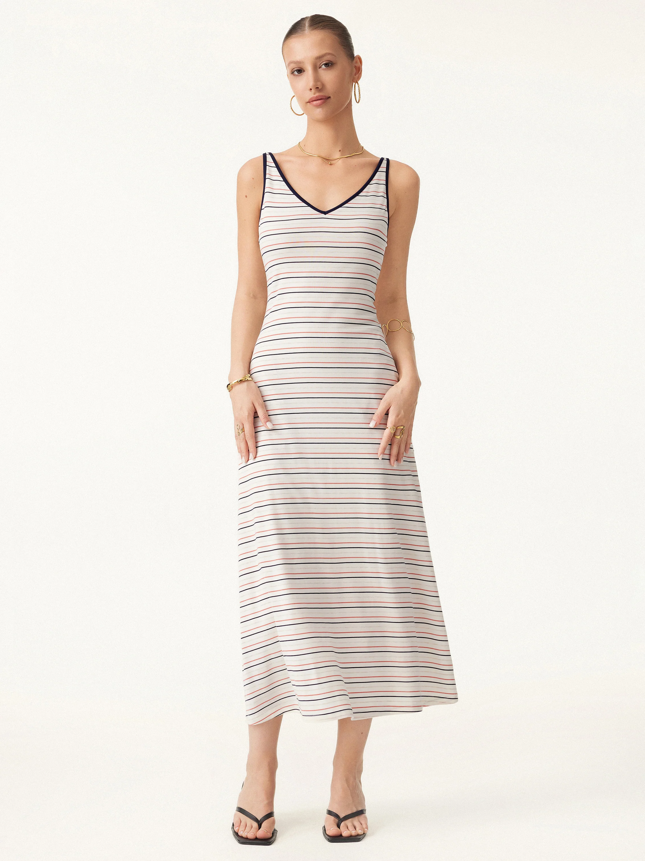 V-neck Low Back Striped Midi Brami Dress with Pockets