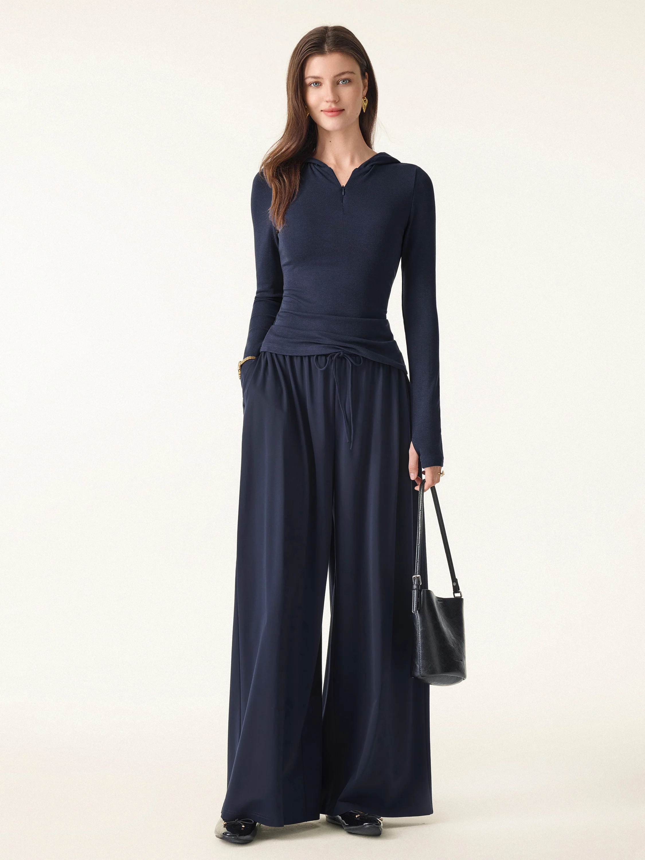 Stretch Ponte Mid Rise Palazzo Pants with Pockets