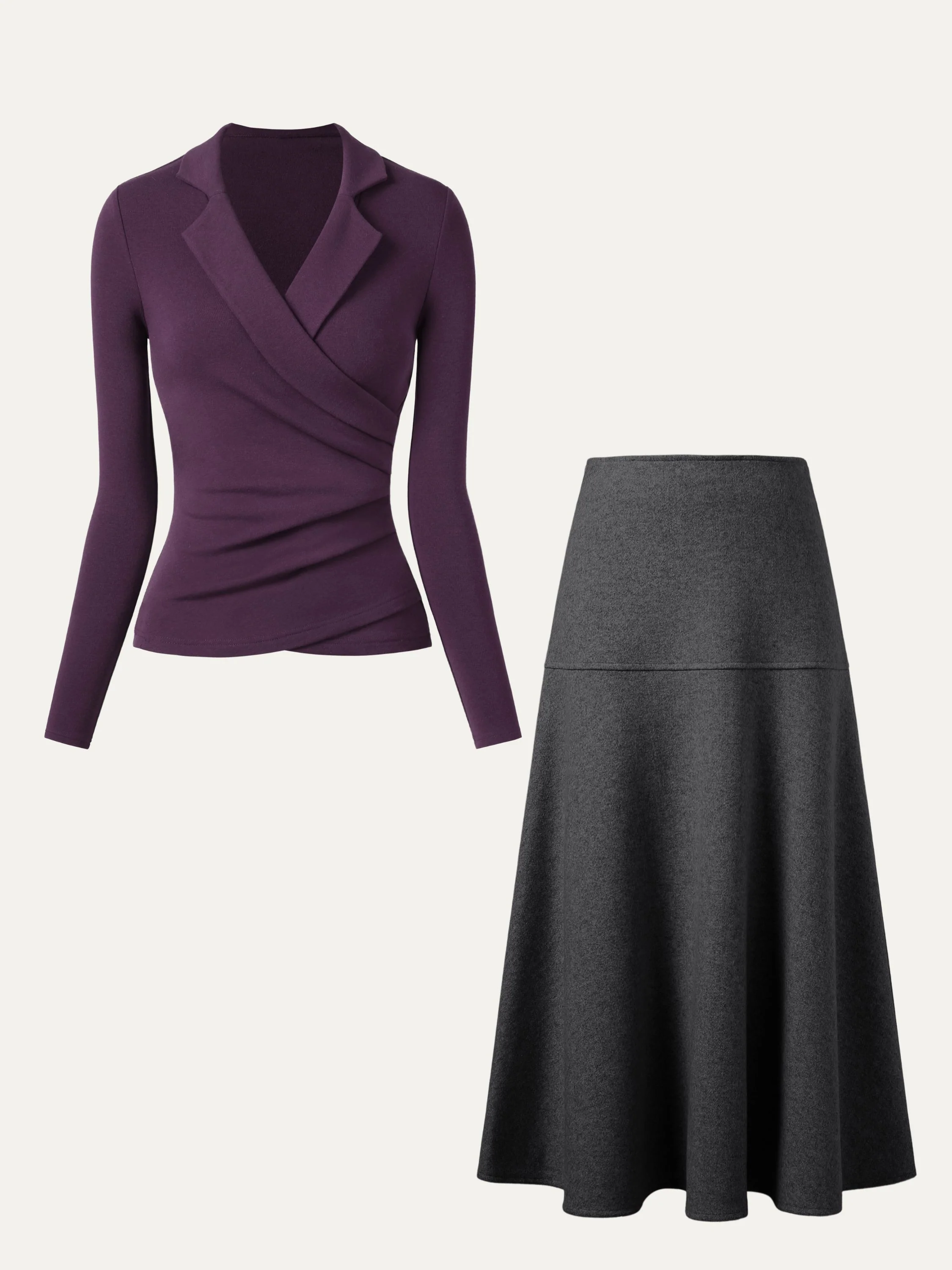 2-Piece Set: Collared Surplice Top and Flared Maxi Skirt