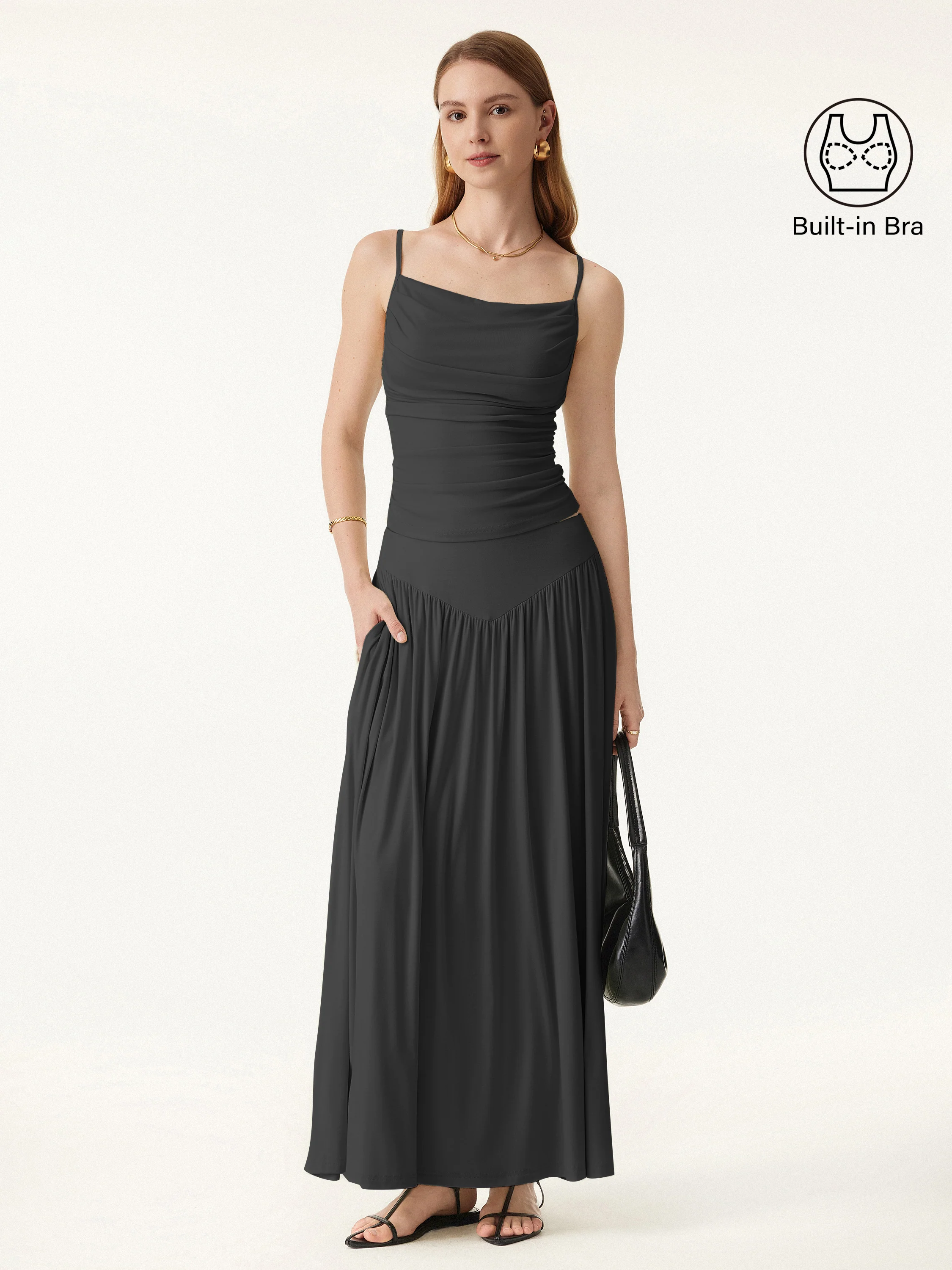 2Pcs Set Adjustable Spaghetti Straps Brami & V-shape Maxi Skirt with Pockets