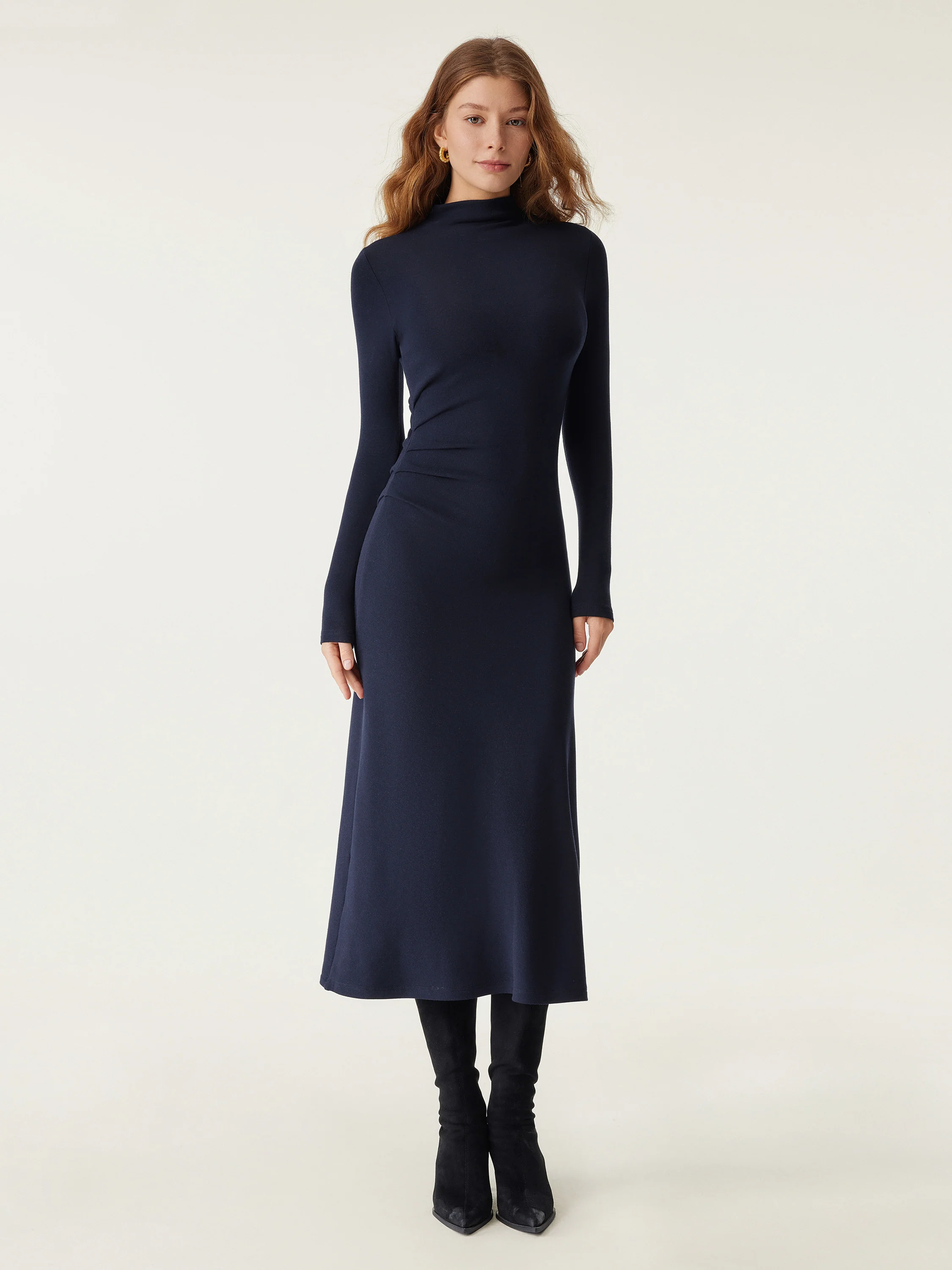 Heat Long Sleeves Mock - neck Tucked Midi Dress