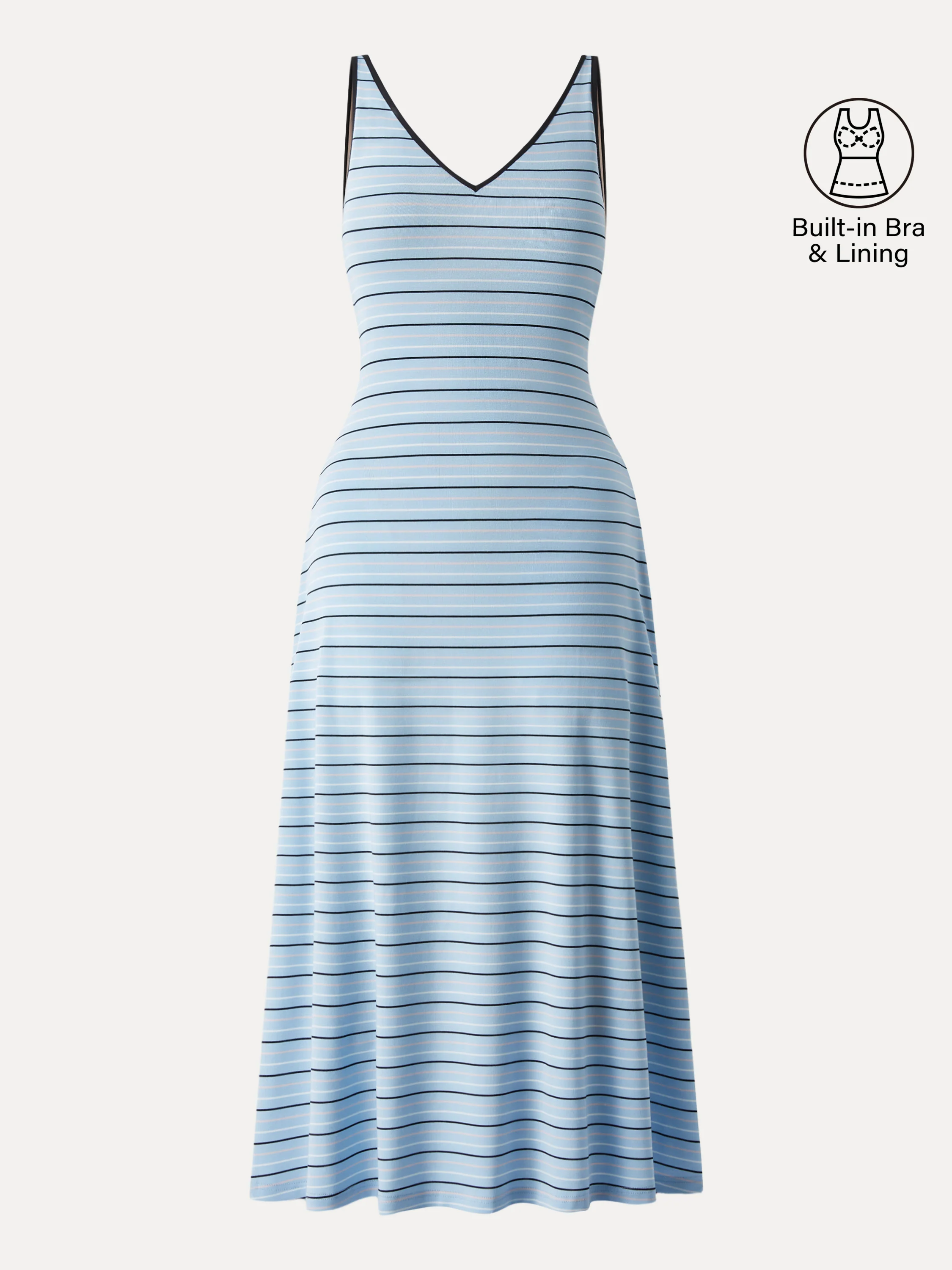 V-neck Low Back Striped Midi Brami Dress with Pockets