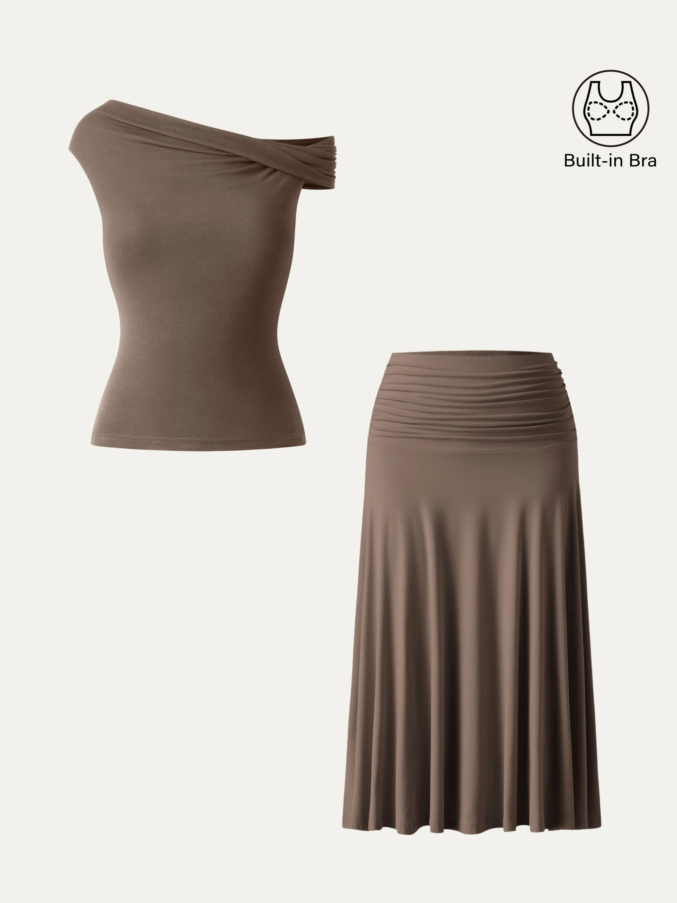 2-Piece Set: Multi-Wear Versatile Neckline Bra Top & Flowy Side-Ruched A-Line Midi Skirt