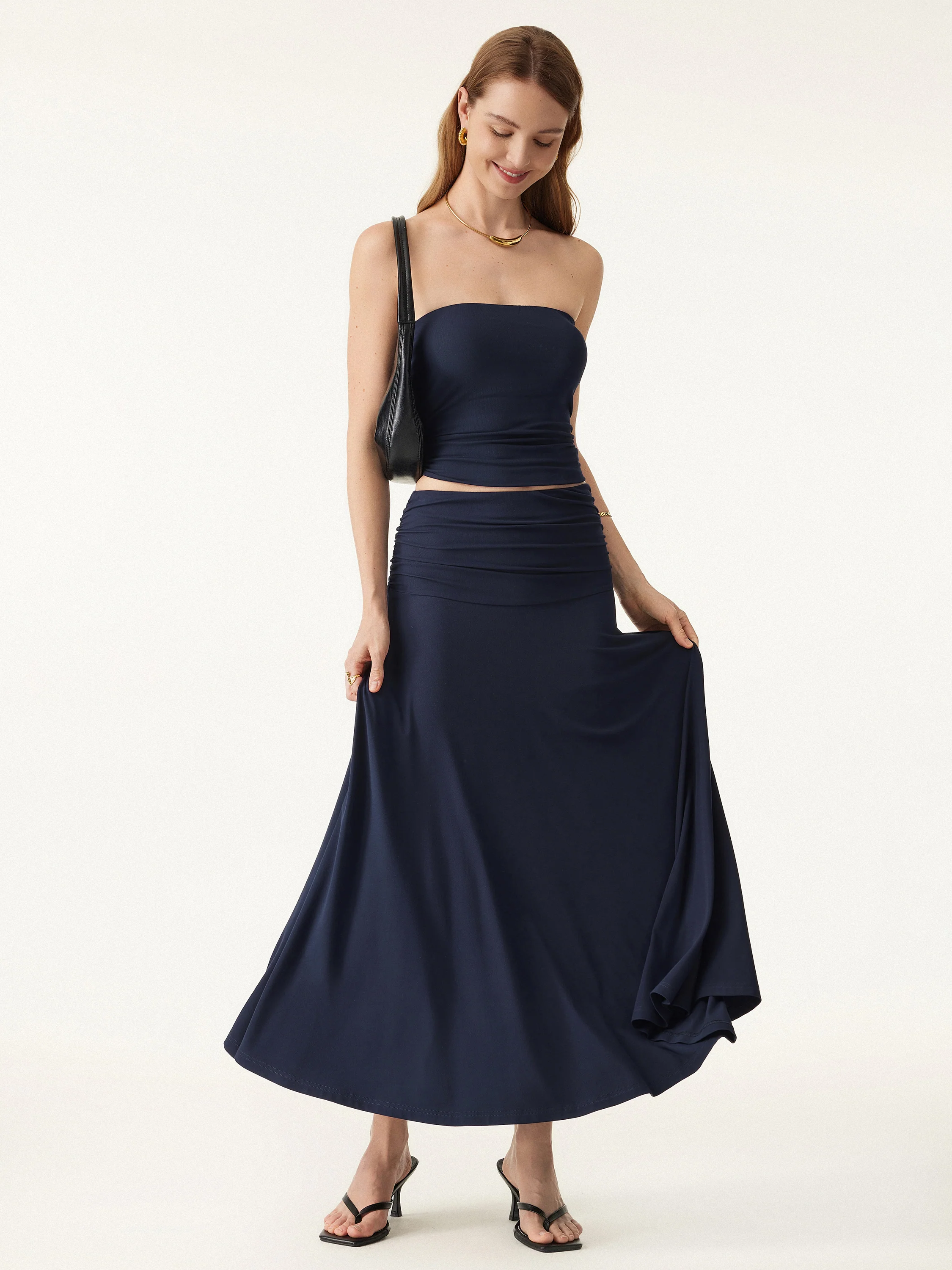 Super Soft Mid Rise A-line Ruched Maxi Skirt