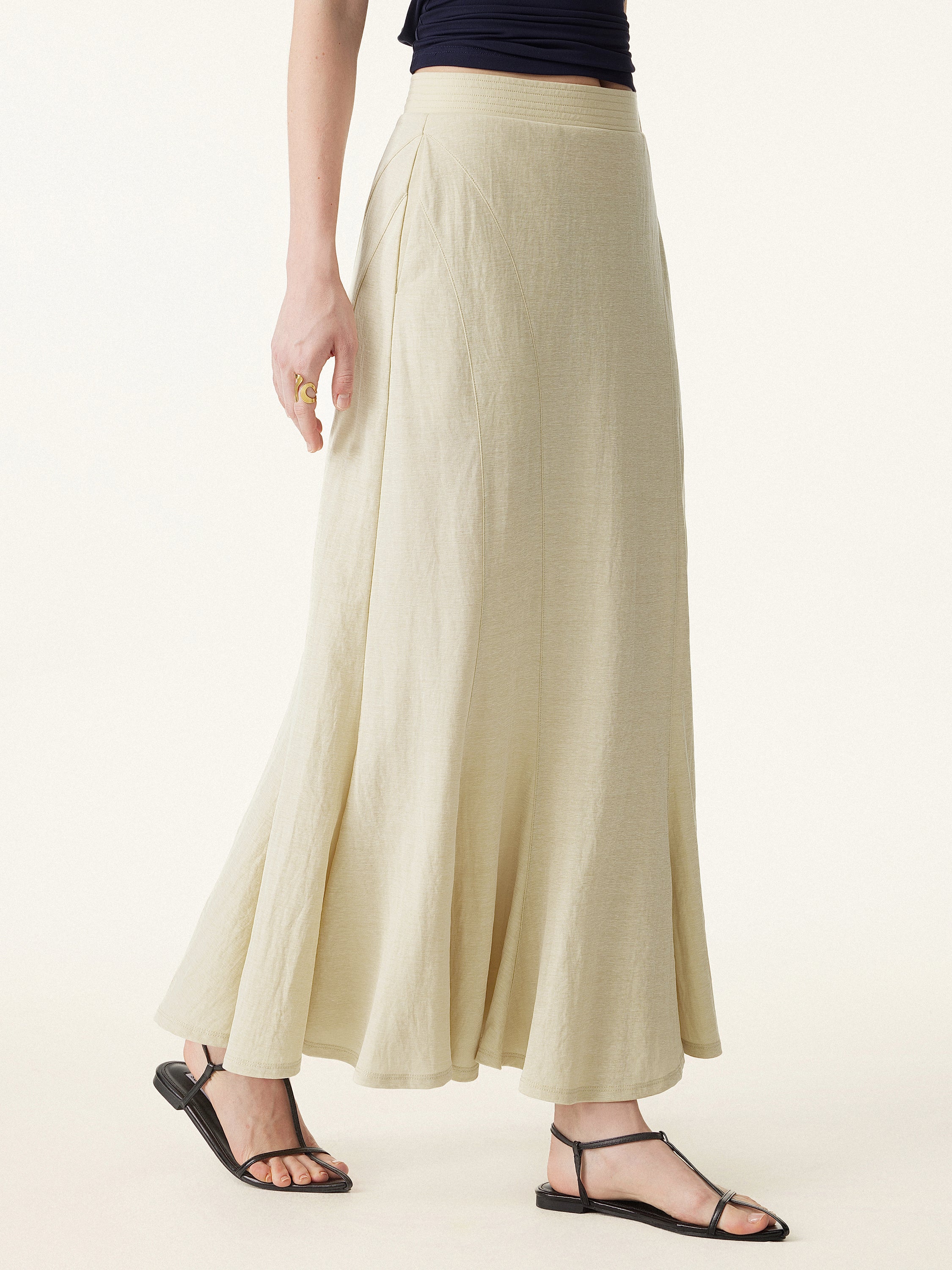 Wrinkle-resistant Cotton Linen Pull-on Midi Skirt