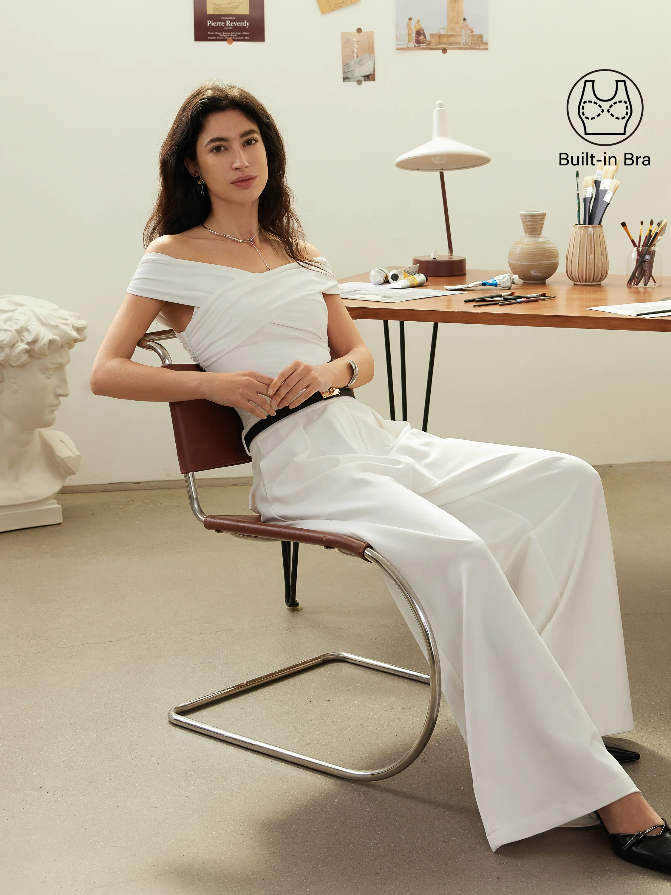 2Pcs Set Criss Cross Off Shoulder Brami & Mid Rise Pleated Trouser with Pockets