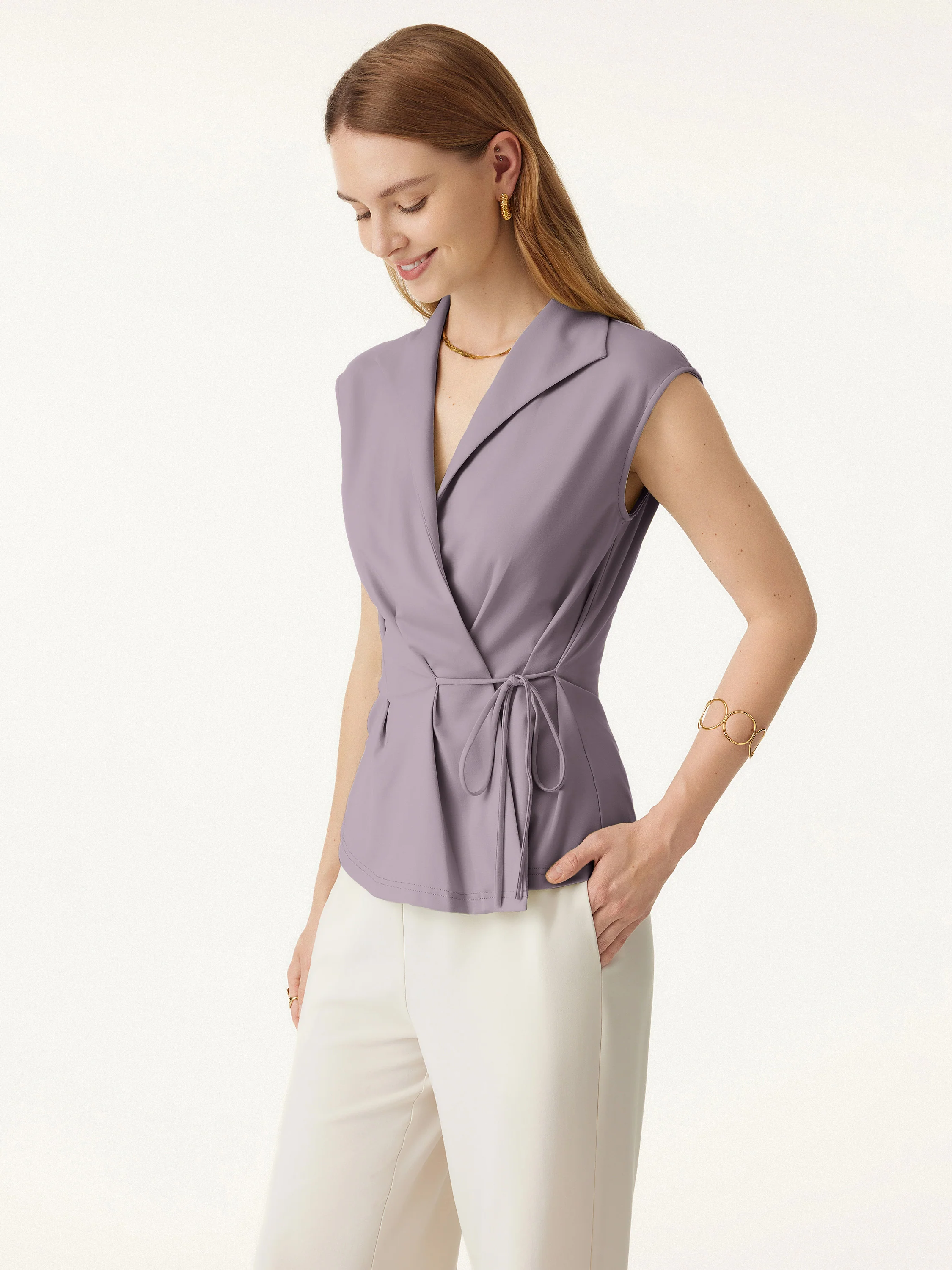 Cool Ponte Flap Collar Surplice Sleeveless Top with Drawstring Tie