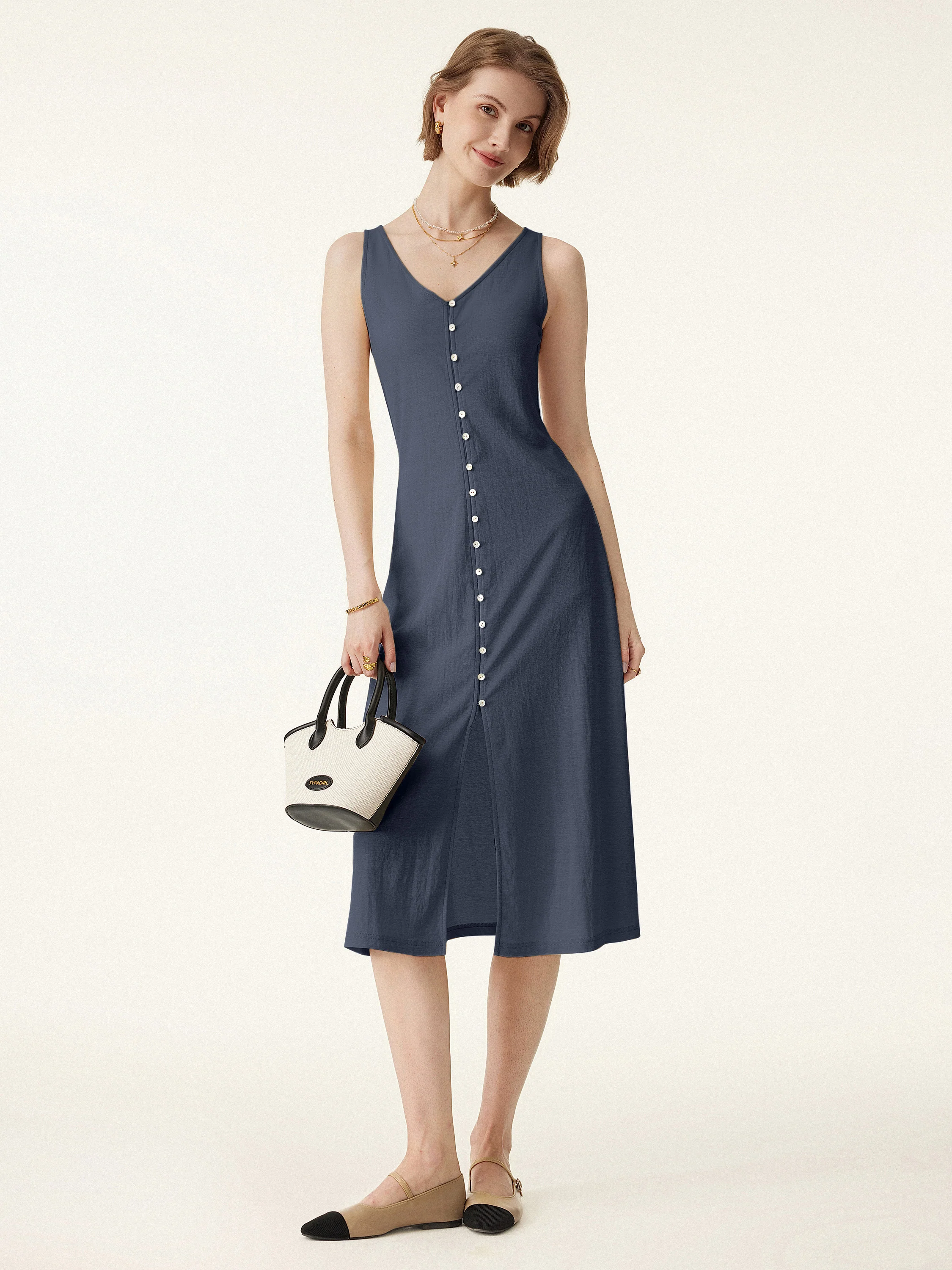 Multi-wear V-neck Button Front Midi Vest Dress