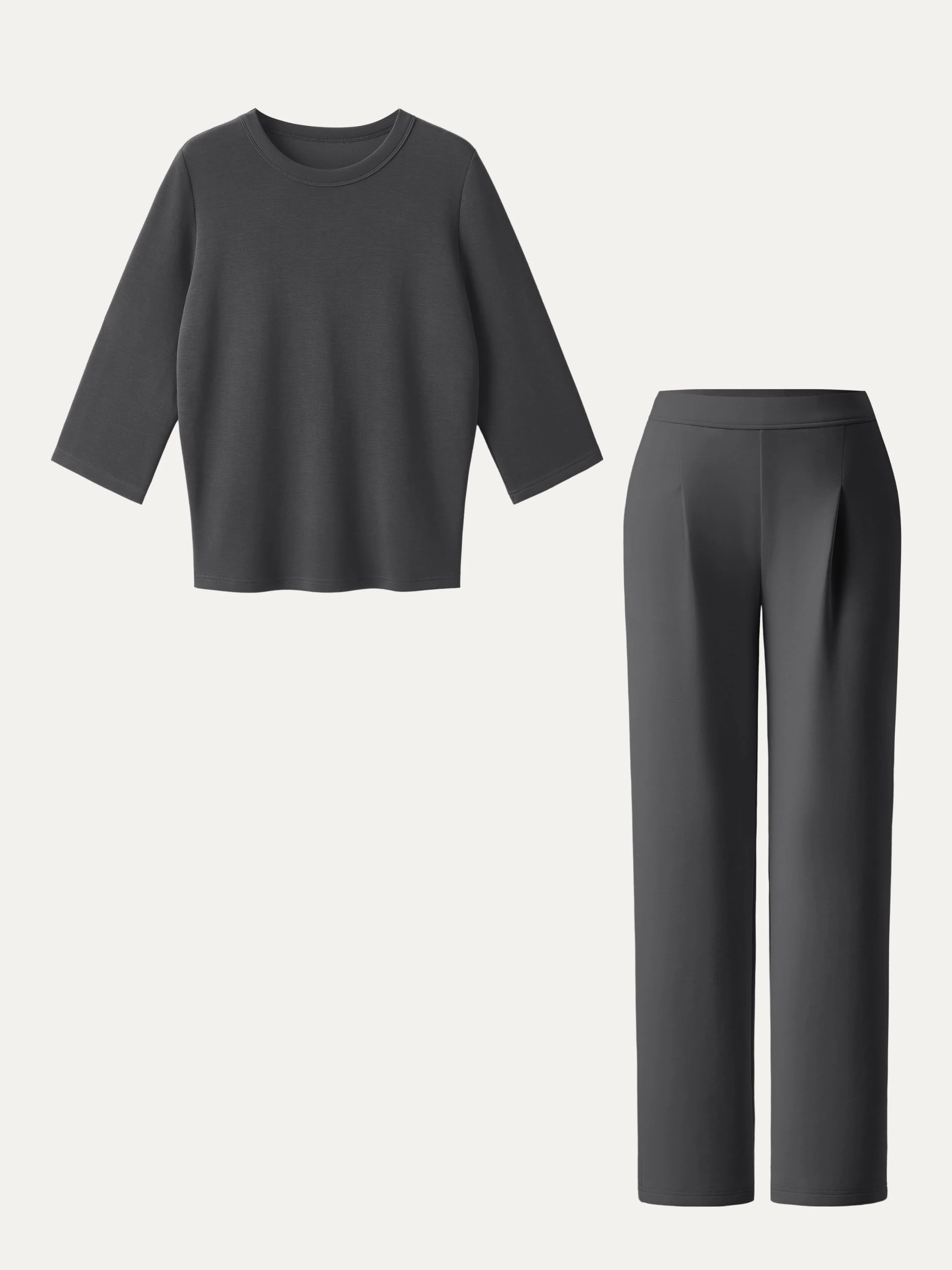 2Pcs Set Crewneck 3/4 Sleeve Top & Mid Rise Straight Leg Pull-on Trousers with Pockets