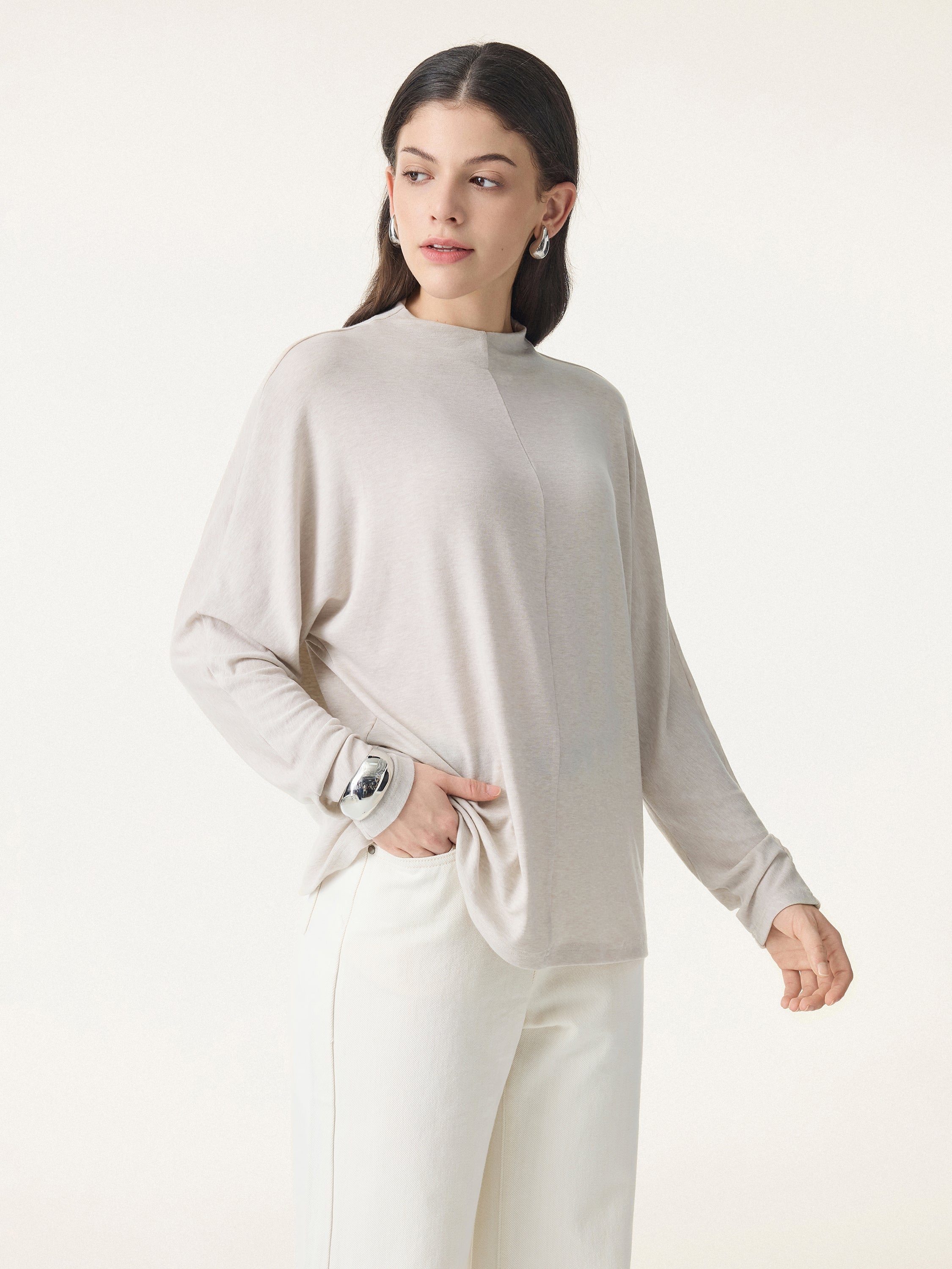 Lyocell Cashmere Relaxed Mockneck Batwing Sleeve Top