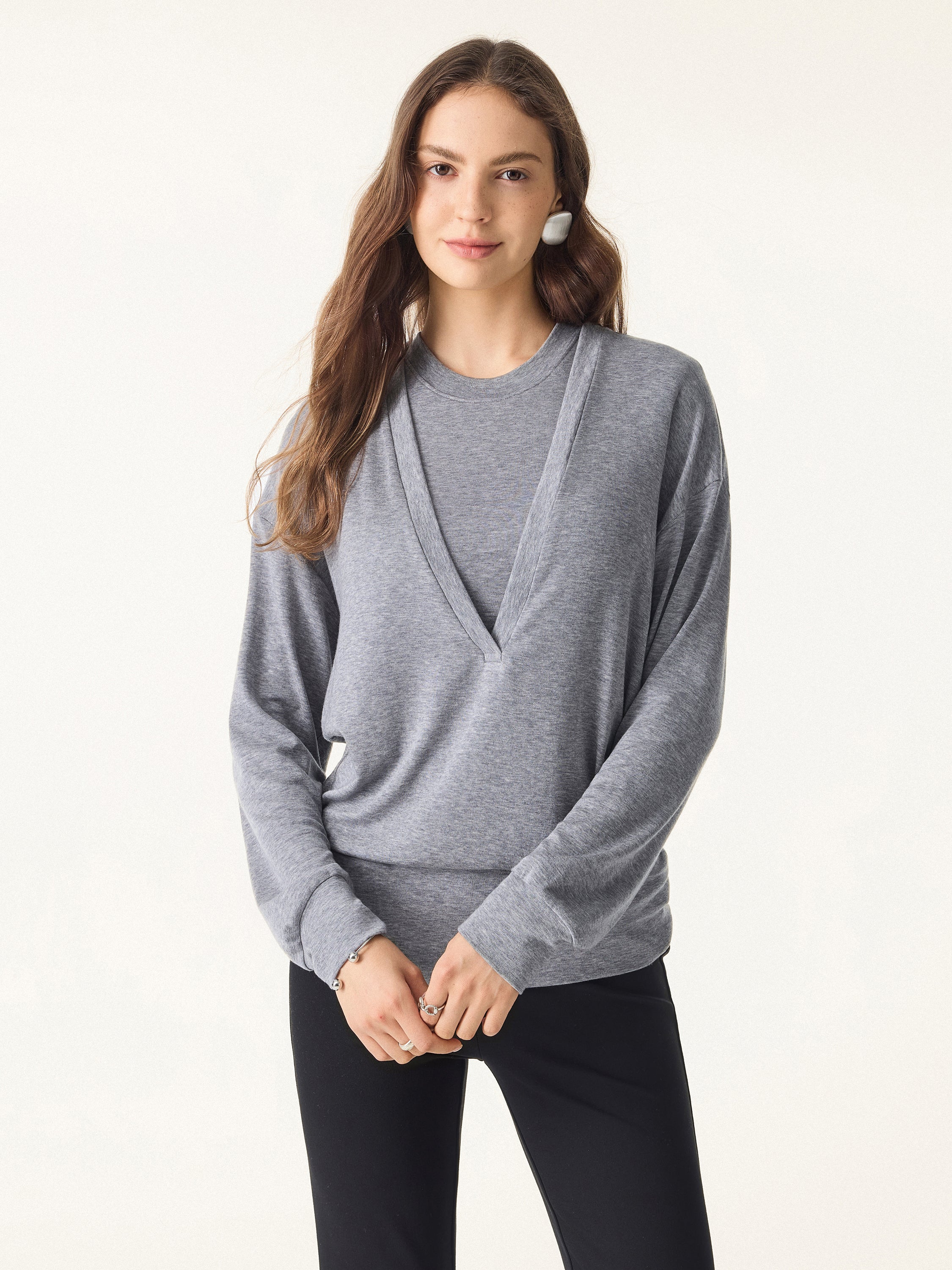 2Pcs Set Lyocell Cashmere V-neck Drop Shoulder Top & Crew Neck Wide Shoulder Brami