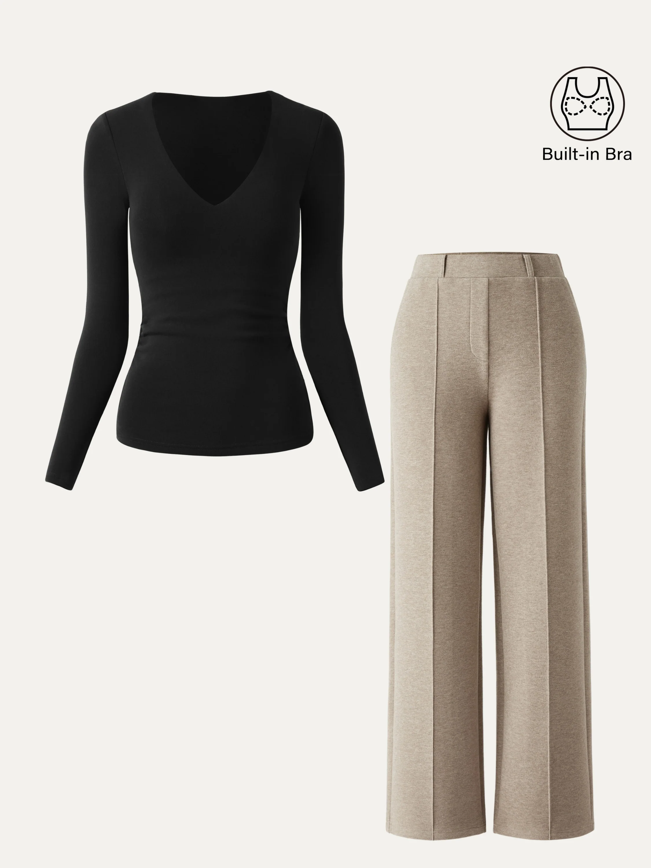 2-Piece Set V-Neck Bra Top & High-Waisted Straight-Leg Pants