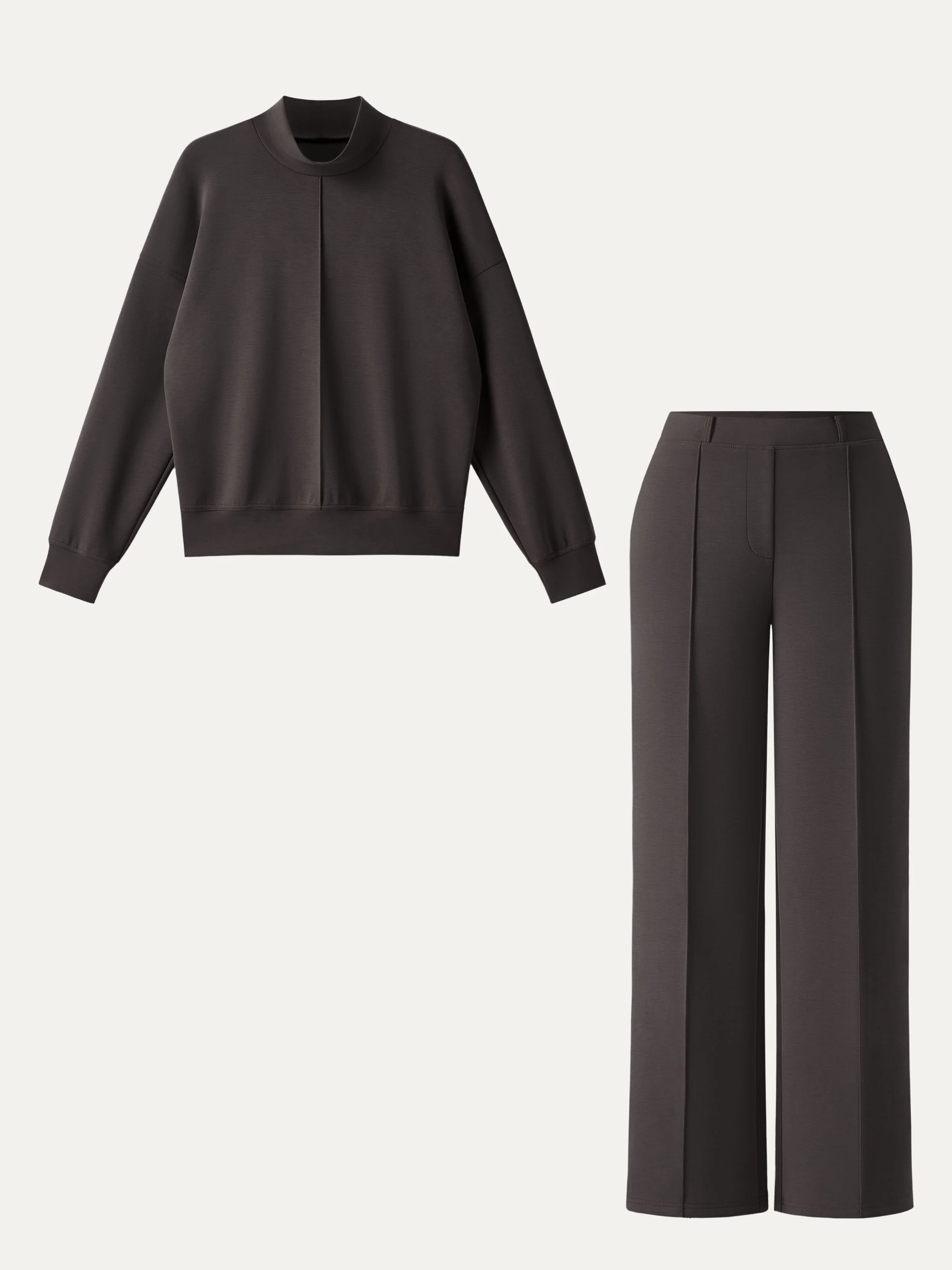 2-Piece Set: Mock Neck Pullover Shirt and Mid-Rise Straight-Leg Pants with Pockets