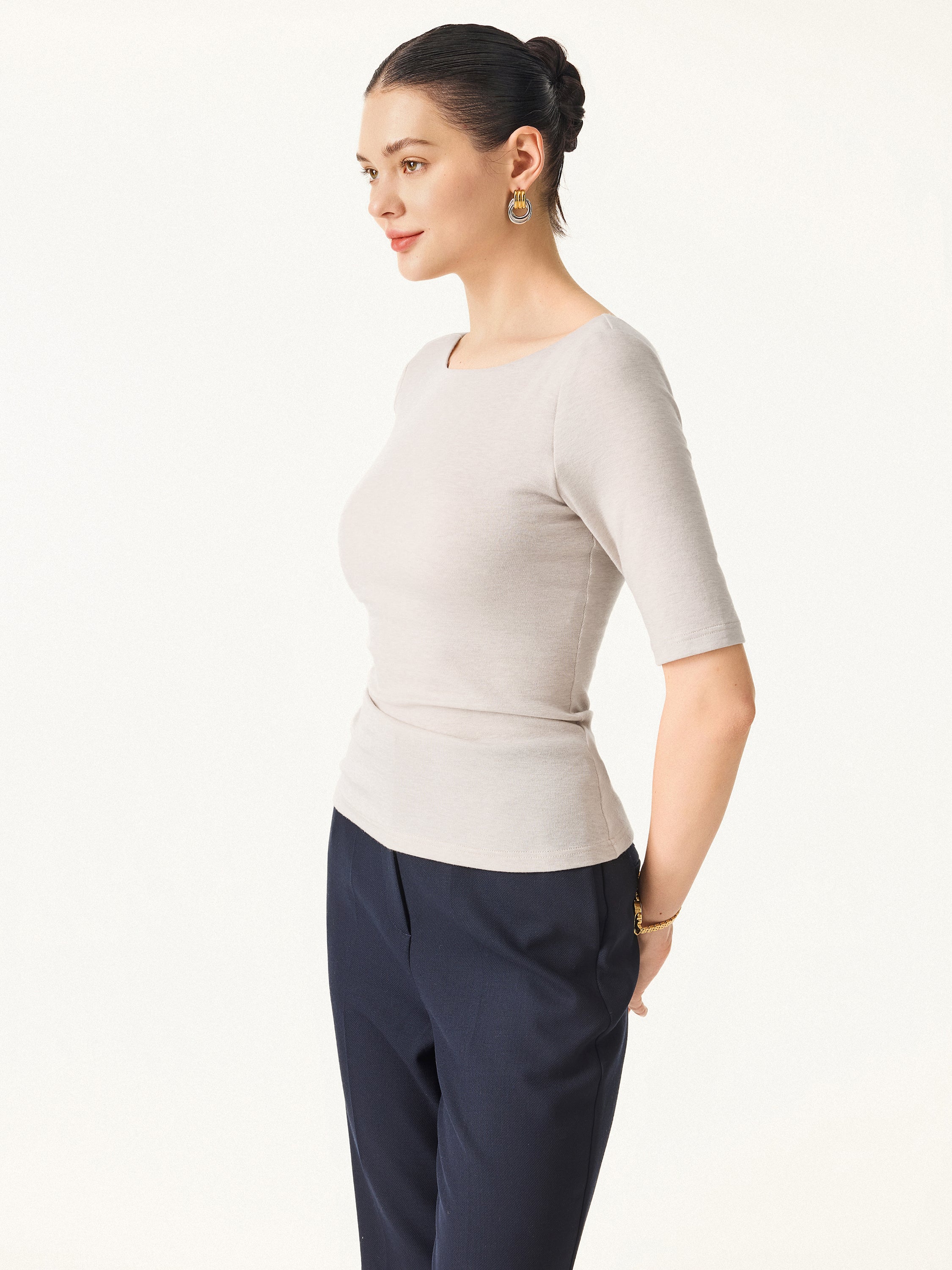Essential Lyocell Cashmere Boatneck Elbow Length Sleeve Brami