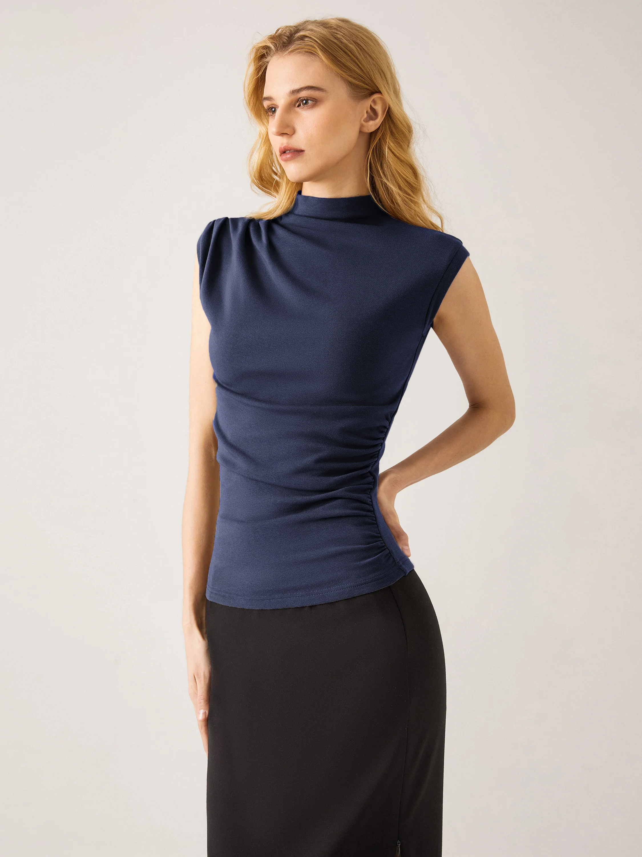 Asymmetric Ruching Mock Neck Tank Top